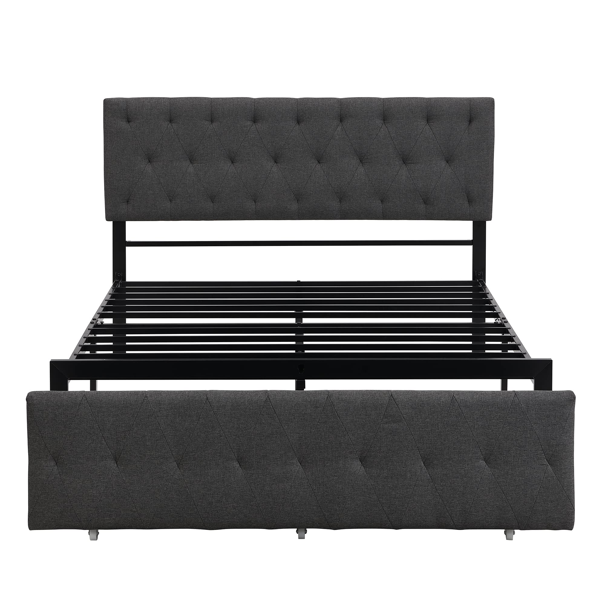 Knocbel Full Size Metal Platform Bed Frame with Linen Upholstered Headboard & Storage Drawers - 13 Heavy Duty Slats, No Box Spring Needed - Sturdy Mattress Foundation for Bedroom, Guest Room, Dorm - Easy Assembly Modern Bed Frame with Underbed Storage