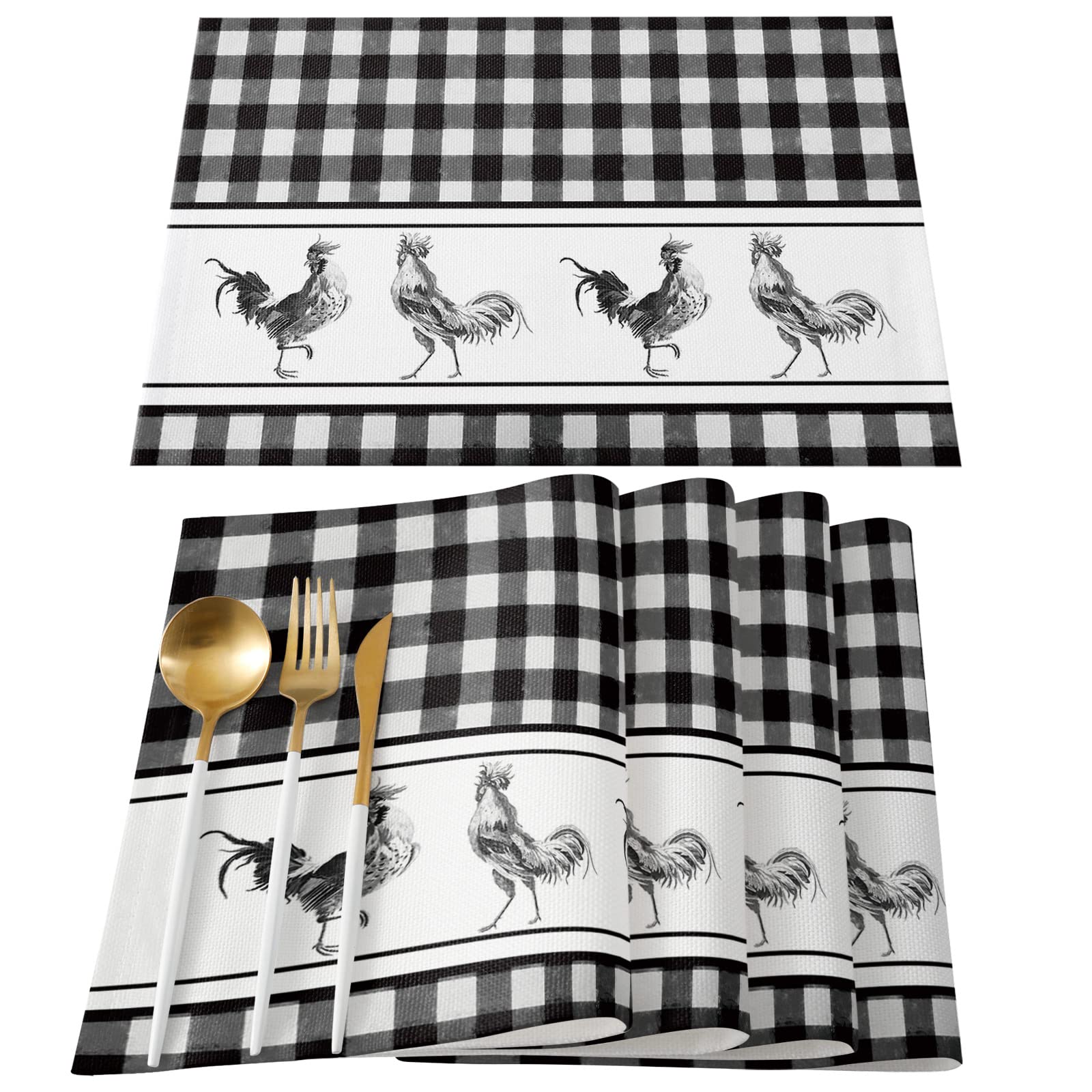 Farmhouse Rooster Placemats Set of 4 - Rustic Black and White Plaid Cotton Linen Table Mats (13x19 Inches) Washable for Kitchen, Dining Table, Party & Wedding Decor - Perfect for Farmhouse Style Homes and Country-Themed Events
