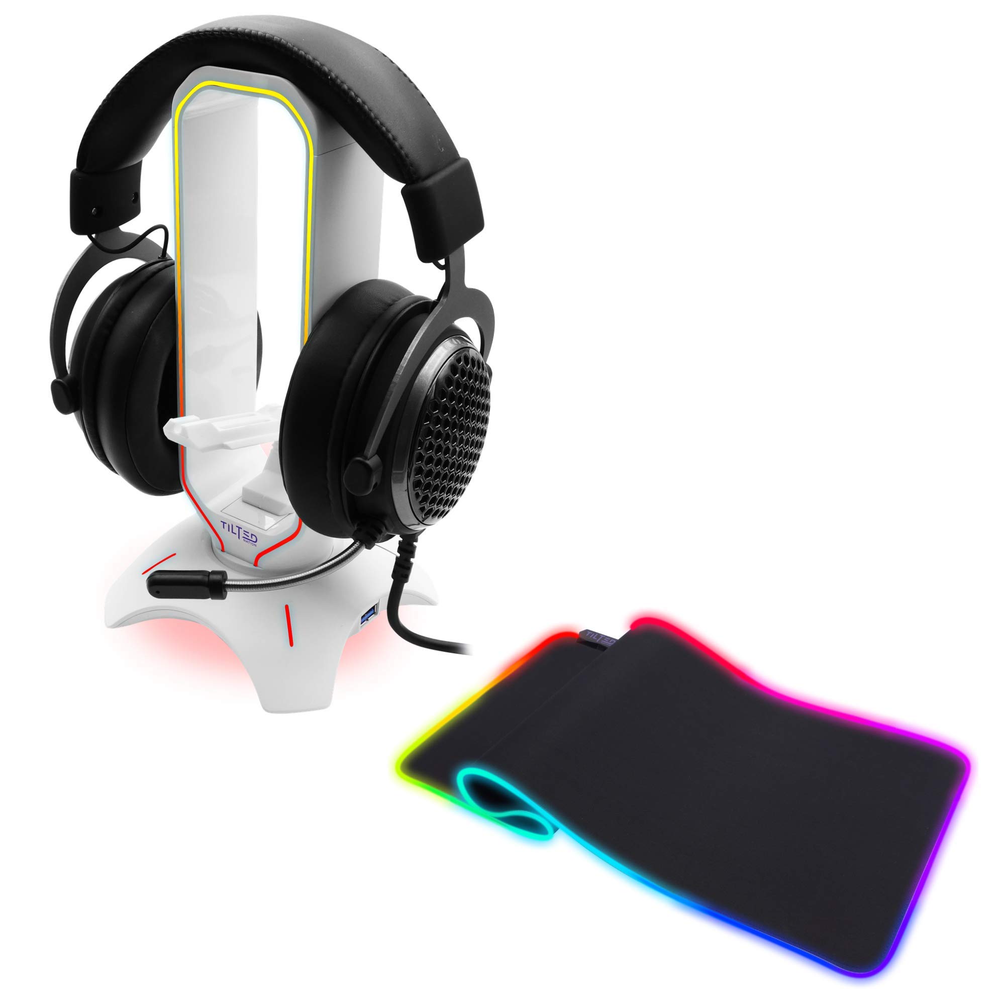 Tilted Nation RGB Gaming Headset Stand & Mouse Pad Combo - 3-in-1 Headphone Stand with Mouse Bungee, USB Hub & Extended RGB Mouse Mat (8 Lighting Modes) - Perfect for PC Gaming Setup, Streaming Station & Esports Battlestation (White)
