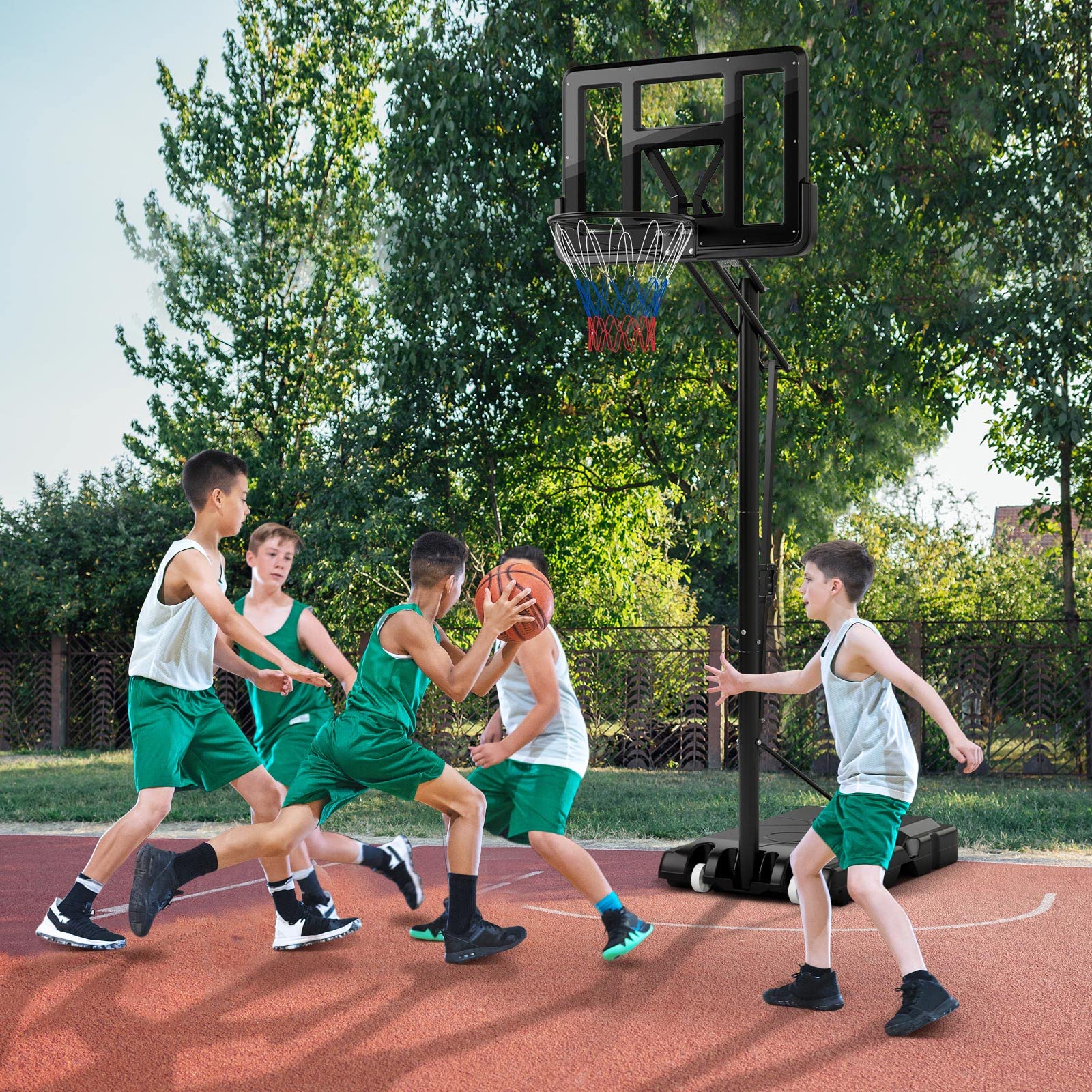 GYMAX 4.6-10Ft Adjustable Basketball Hoop with Shatterproof Backboard - Outdoor Sports for Kids & Adults
