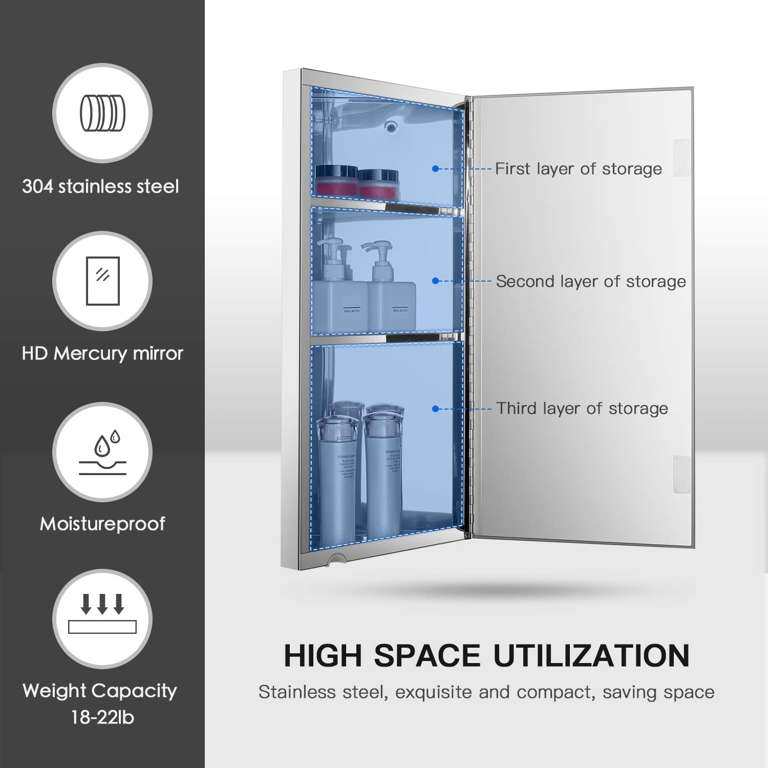 24 Inch Wall Mount Corner Medicine Cabinet with Mirror - Polished Stainless Steel Bathroom Storage with 3 Shelves & Left Opening Mirror Door | Perfect for Small Bathrooms, Powder Rooms & Vanity Areas