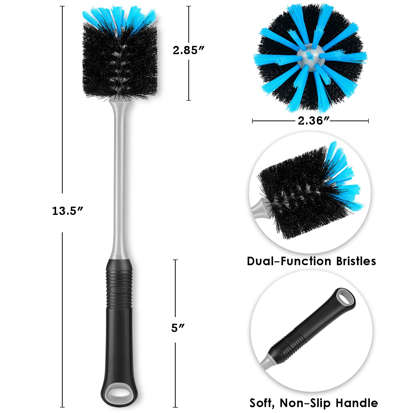 Long Flexible Water Bottle Cleaning Brush - 13.5 Inch Durable Scrubber with Sturdy Bristles for Bottles, Mugs, Glassware (2 Pack) - Perfect for Home, Office & Travel Use