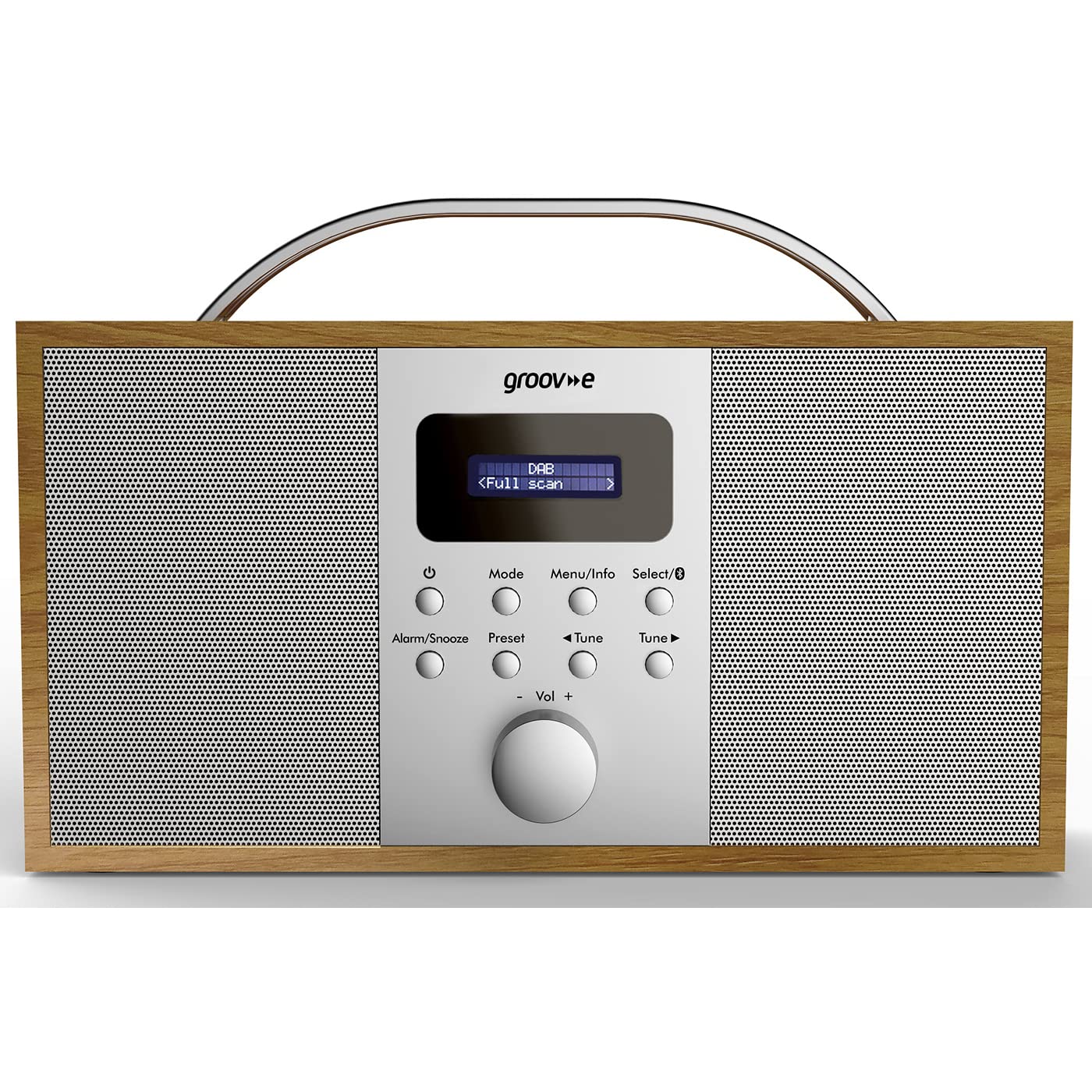 Groov-e Boston Wooden DAB & FM Digital Radio with Bluetooth, Alarm Clock, LCD Display - Portable Wireless Radio for Home, Office, Travel - 40 Preset Stations, Dynamic Range Control - Battery or Mains Powered