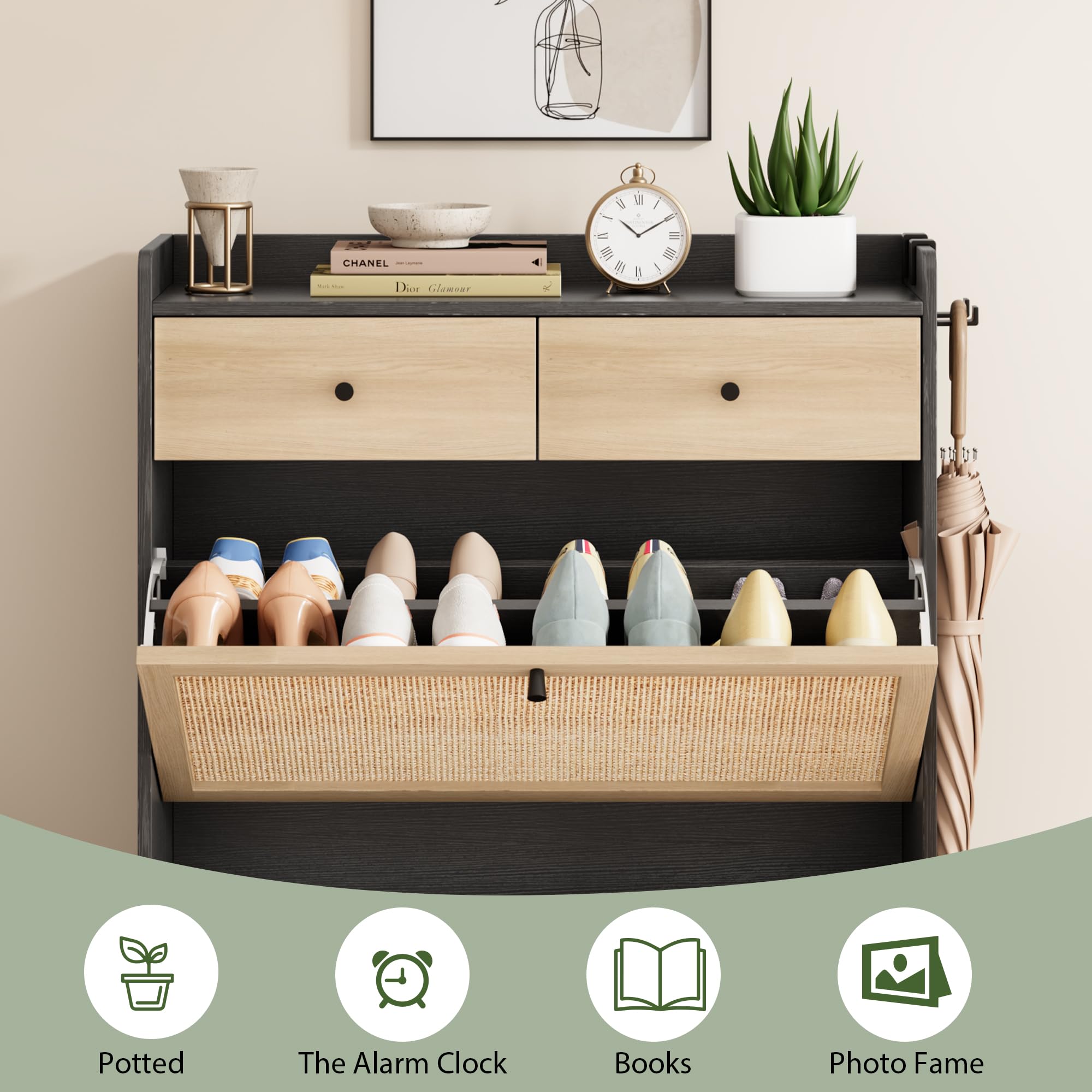 Rattan Shoe Cabinet with 2 Flip Drawers & 2 Storage Drawers - Freestanding Narrow Wooden Shoe Organizer with Metal Legs for Entryway, Hallway, Living Room - Light Black Finish - Perfect for Small Spaces & Home Organization