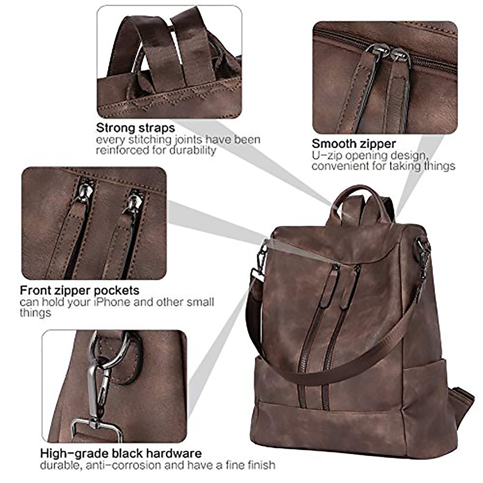 BROMEN Women's Leather Backpack Purse - Anti-Theft Bookbag with Shoulder Strap, Fashionable Handbag & Travel Backpack for Work, School & Daily Use