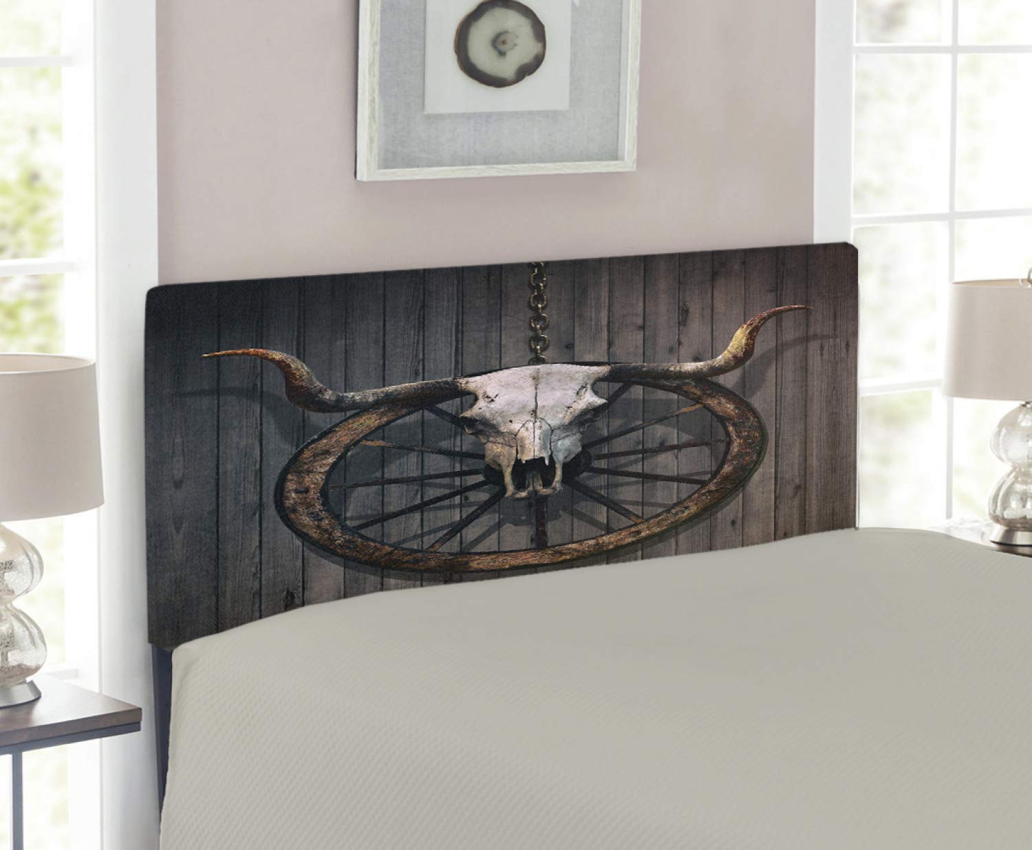 Ambesonne Rustic Western Headboard - Twin Size Upholstered Metal Bed Headboard with Memory Foam, Barn Wood Wagon Wheel & Long Horn Bull Skull Design in White Black Brown | Perfect for Cowboy Themed Bedrooms, Ranch Style Homes & Western Decor