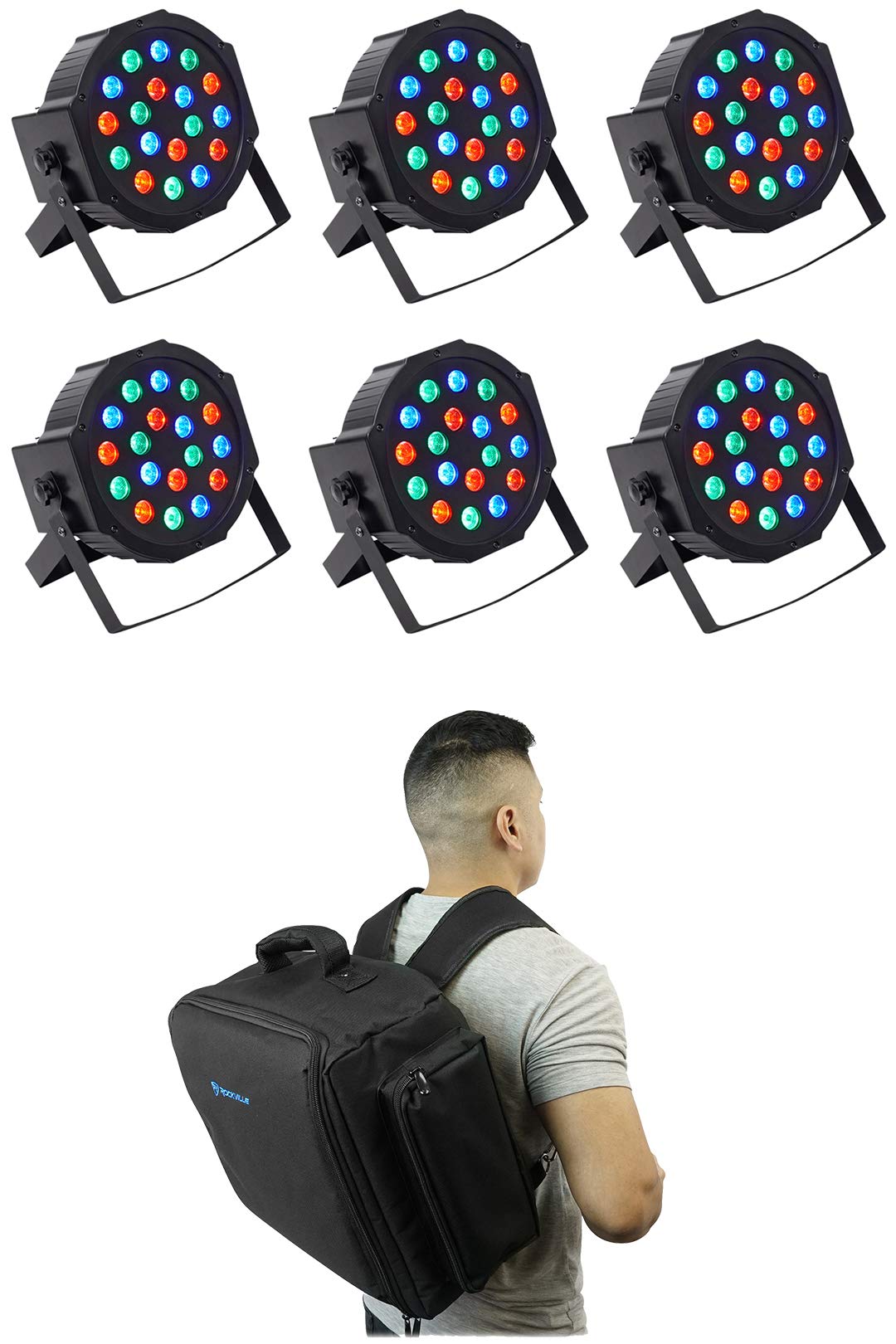 Rockville RockPAR50 LED RGB Par Can DMX DJ Stage Lighting - 6 Pack with Backpack for Club, Concert, and Event Wash Lighting