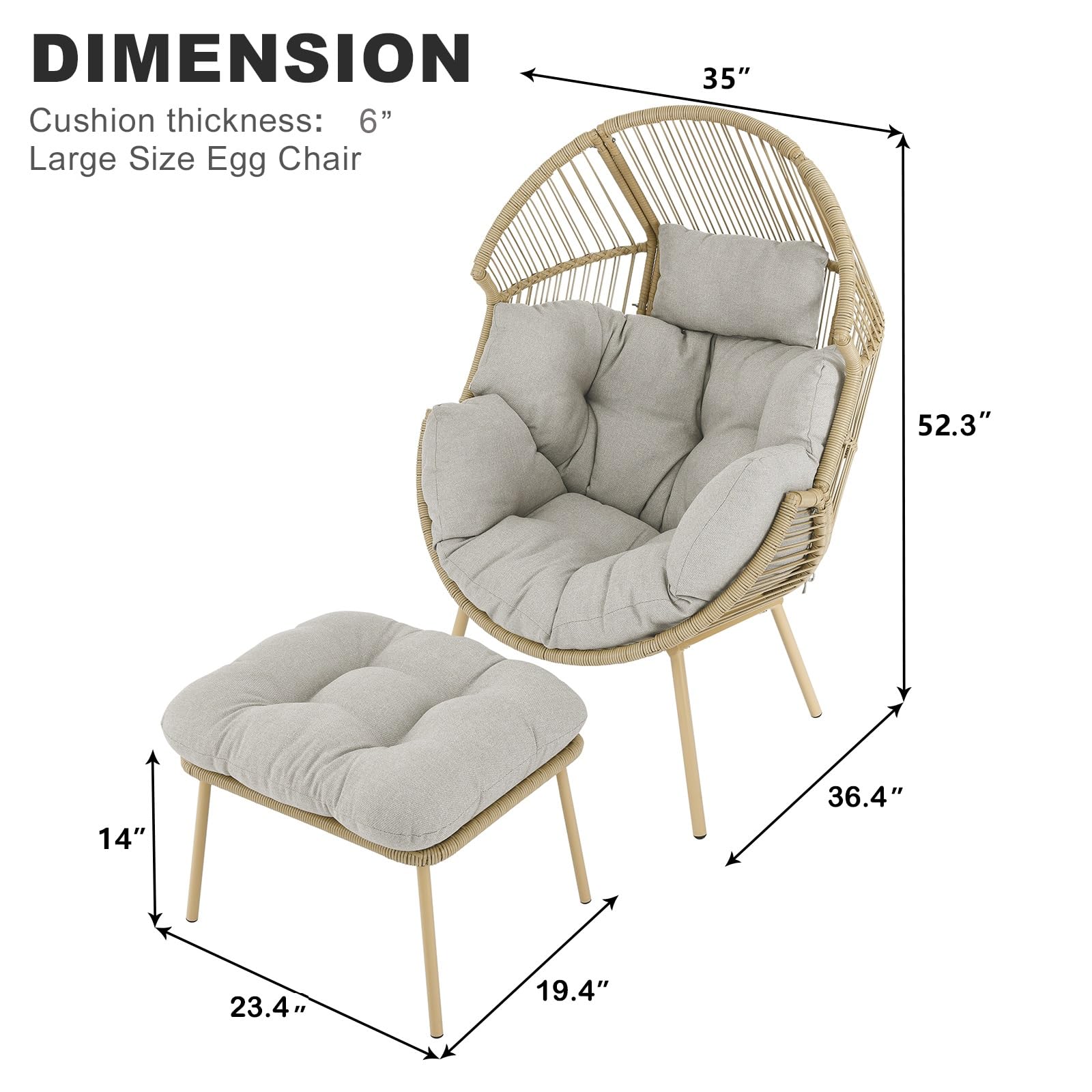 Outdoor Wicker Ottoman with Thick Cushion - Rattan Footrest Stool for Patio, Porch, Garden - Yellow/Beige - Perfect for Relaxing in Backyard or Outdoor Living Spaces