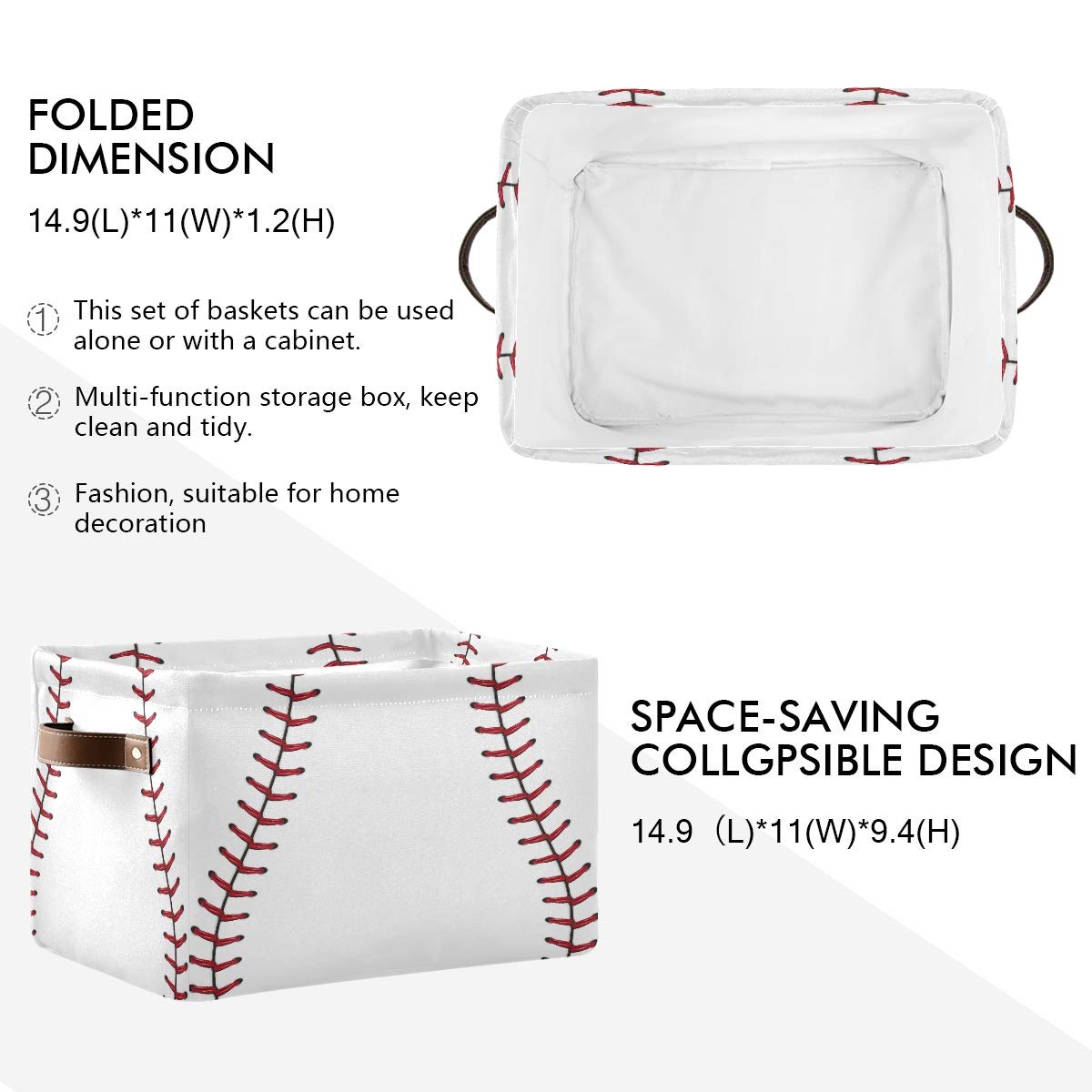 Collapsible Storage Bins 2-Pack, 15x11x9.5 Inch - Foldable Cube Baskets with Baseball Laces for Closet, Nursery, Kids Bedroom & Laundry Organization - Perfect for Toys, Shelves & Home Storage Solutions