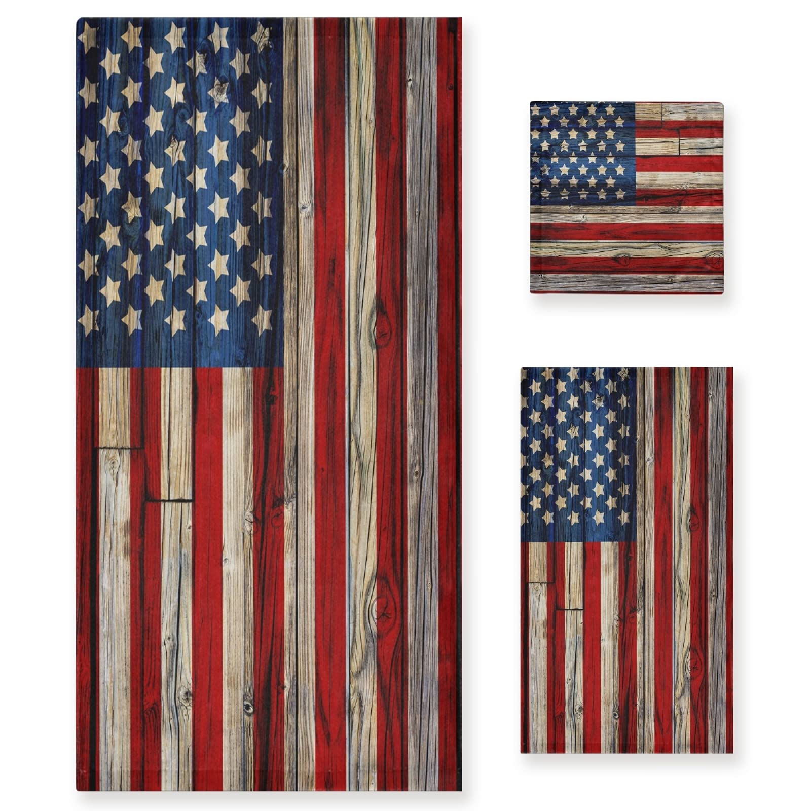 American Flag Wooden Patriotic Soft Luxury Towels Set - 3 Pieces (Bath Towel, Hand Towel, Washcloth) | Ultra Absorbent & Quick Dry for Bathroom, Hotel, Gym, Swimming, Spa & Beach Decor