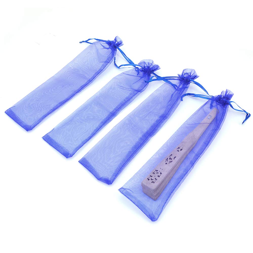 50Pcs Royal Blue Organza Fan Bags - 2x10 Inches Folding Hand Fan Decorative Drawstring Pouches for Wedding Favors, Party Gifts, Bridal Shower & Birthday Celebrations