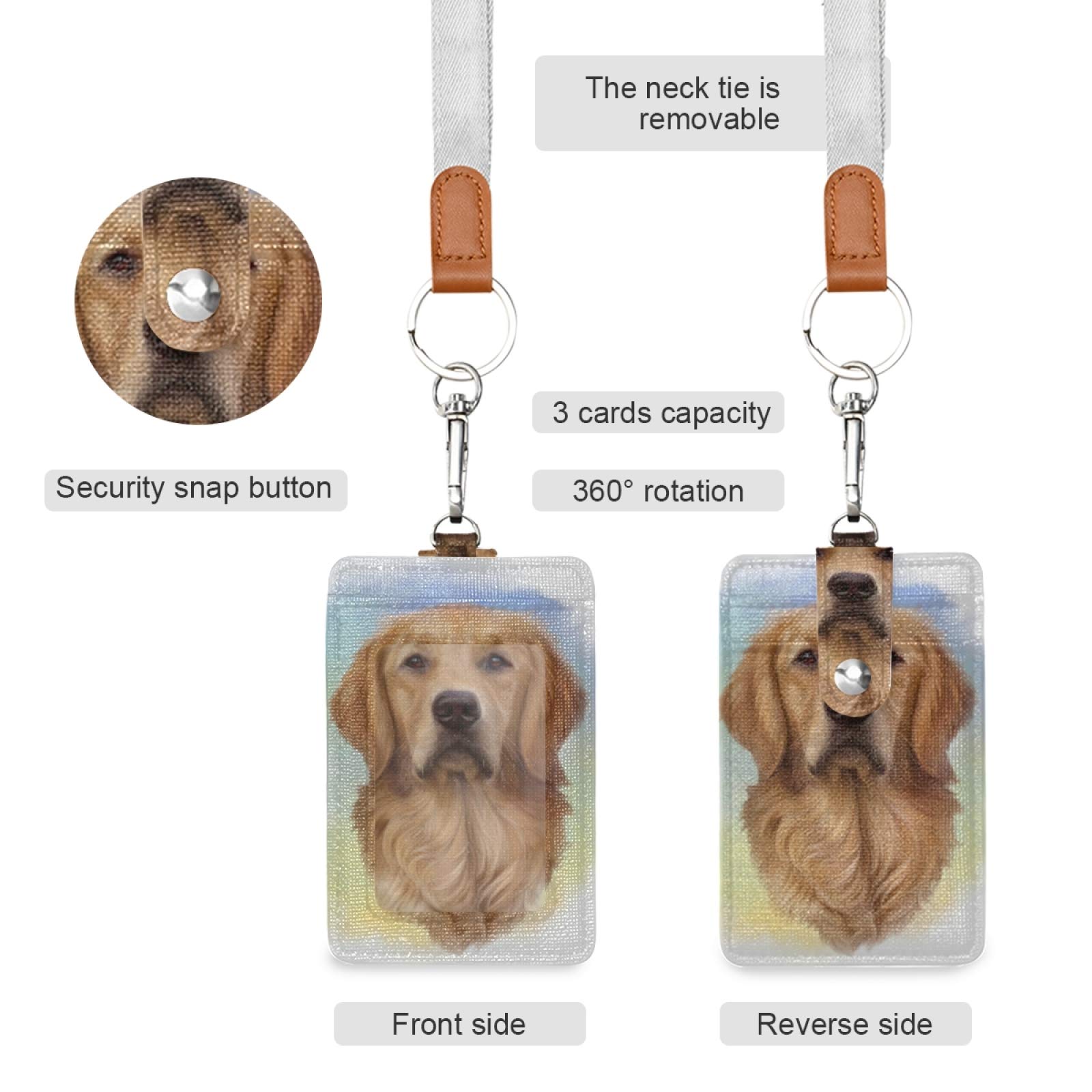Golden Retriever ID Badge Holder with Lanyard - Vertical Leather Name Tag for Office & School Staff