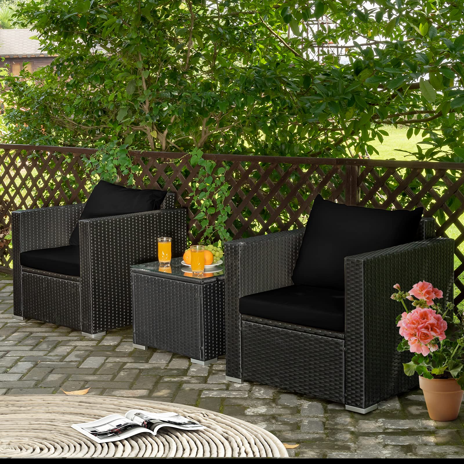 Tangkula 3-Piece Outdoor Patio Furniture Set with Washable Cushions & Tempered Glass Table - PE Wicker Rattan Sofa Set for Garden, Poolside, Balcony - Perfect for Backyard Relaxation and Outdoor Entertaining