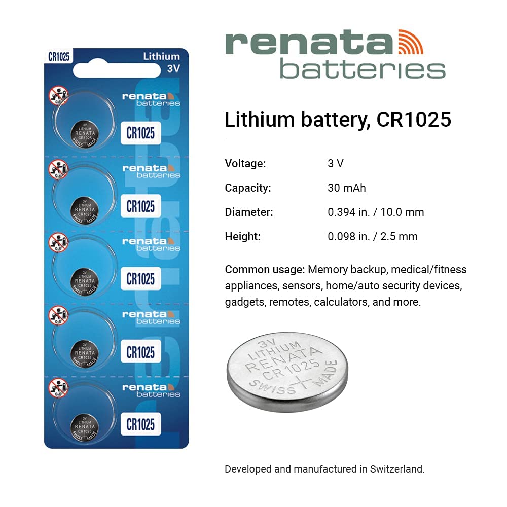 Renata CR1025 3V Lithium Coin Cell Batteries (5-Pack) - Long-Lasting Power for Watches, Calculators & Key Fobs