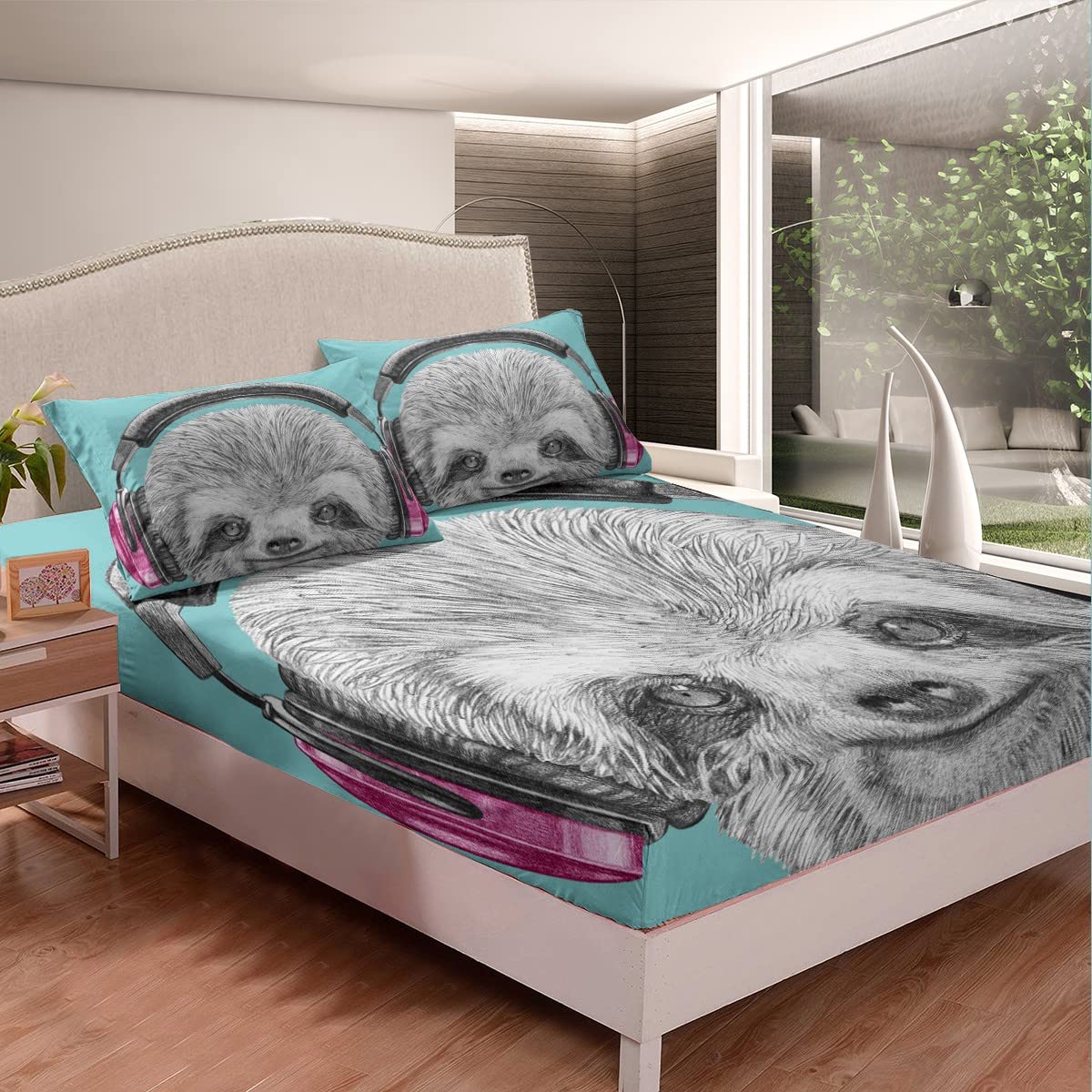 DJ Sloth with Headphones Queen Size Bedding Set - Funny Wildlife Animal Print Fitted Sheet & Decor in Teal Grey | Hand-Drawn Music Lover Bedroom Design for Teens & College Dorms