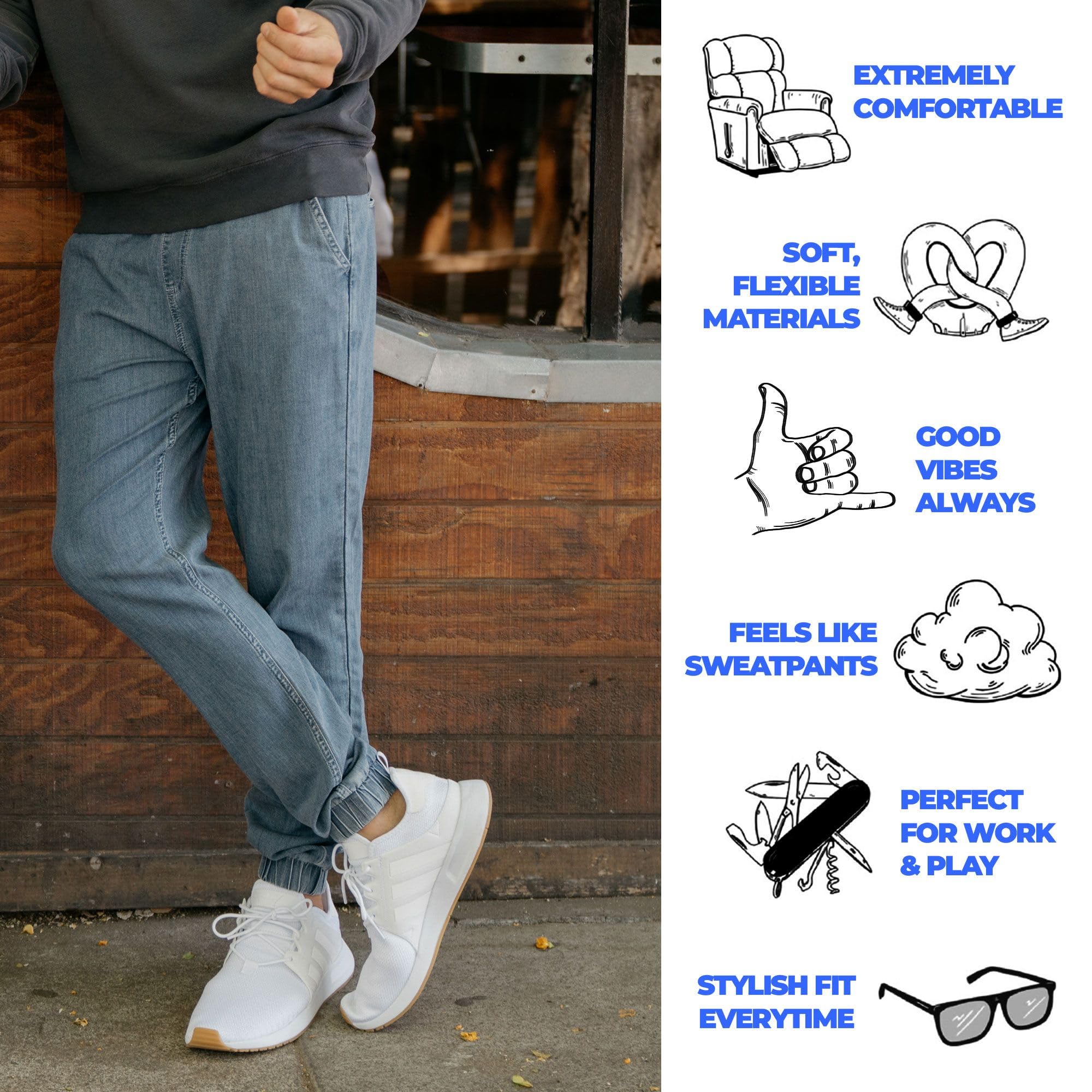 Mugsy Men’s Stretch Denim Joggers - Classic Fit Chambray Jogger Pants for Men | Comfortable & Flexible True to Size Casual Wear | Perfect for Lounge, Travel & Everyday Comfort