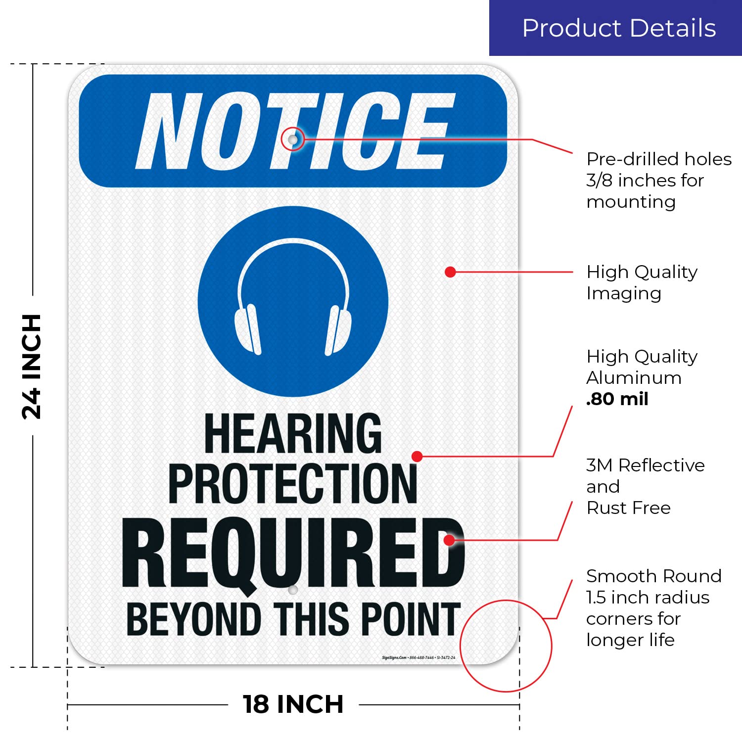 OSHA Compliant 'Hearing Protection Required Beyond This Point' Safety Sign - 18x24 Inches, 3M EGP Reflective .080 Aluminum, Fade Resistant for Indoor/Outdoor Use - Made in USA | Perfect for Construction Sites, Factories & Industrial Areas