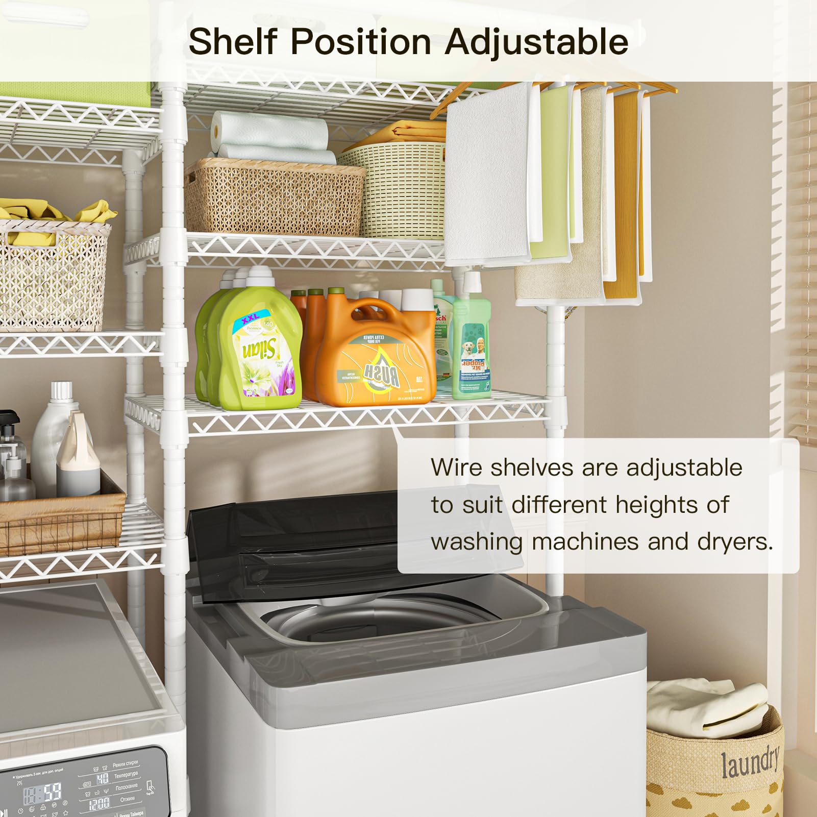 Ulif U13 Over Washer and Dryer Storage Shelf - 6-Tier Laundry Room Organizer with 2 Hanger Rods, Space-Saving Clothes Drying Rack (63.4