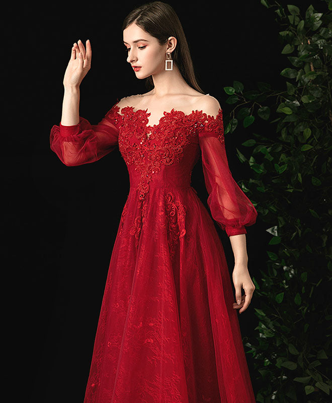 Elegant Burgundy Round Neck Tulle Lace Prom Dress | Formal Evening Gown for Homecoming, Wedding & Special Occasions