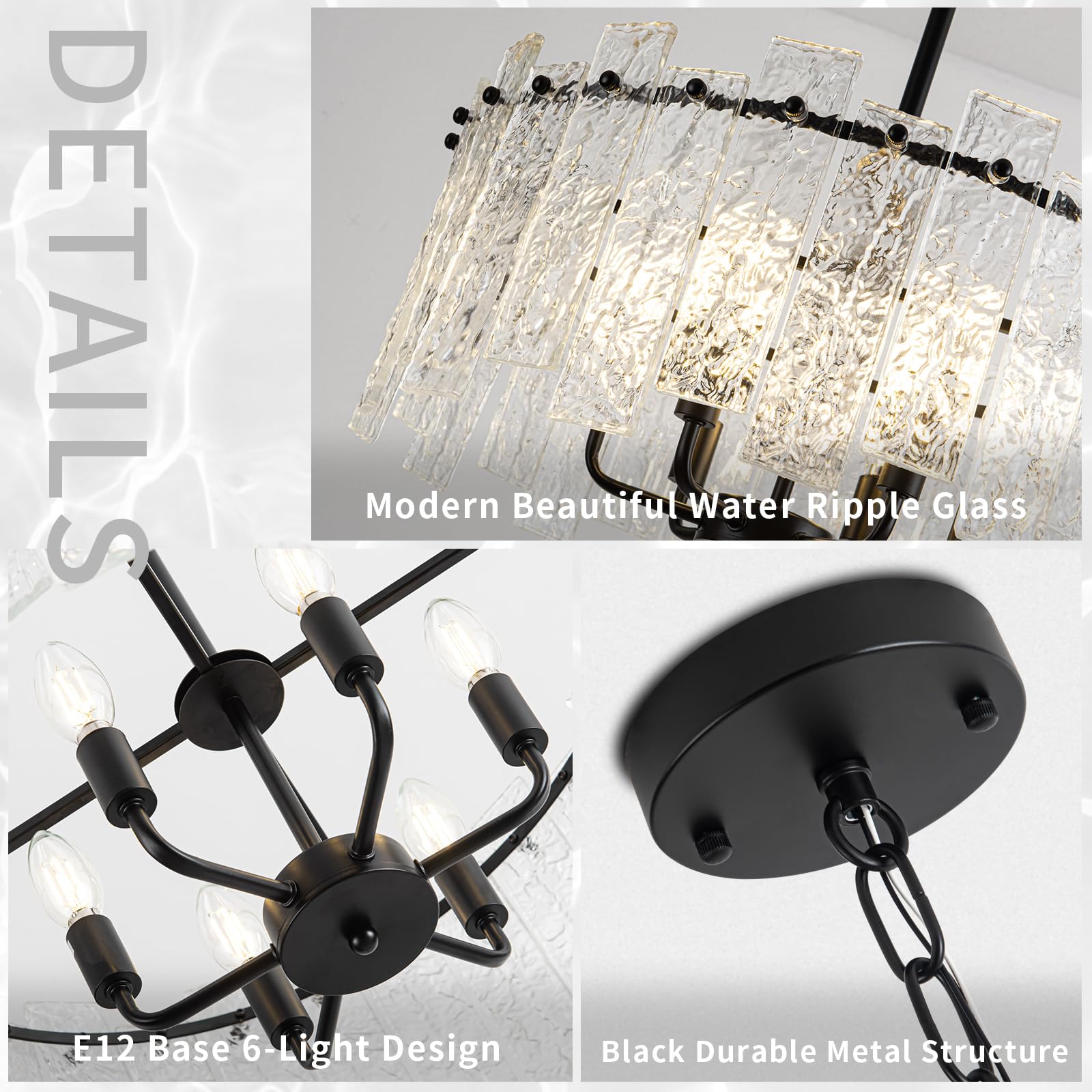 Modern Crystal Chandelier - 6-Light Luxury Water Ripple Glass Round Ceiling Light Fixture for Dining Room, Living Room, Bedroom & Kitchen Island | Elegant Home Lighting Decor for Weddings, Restaurants & Luxury Interiors