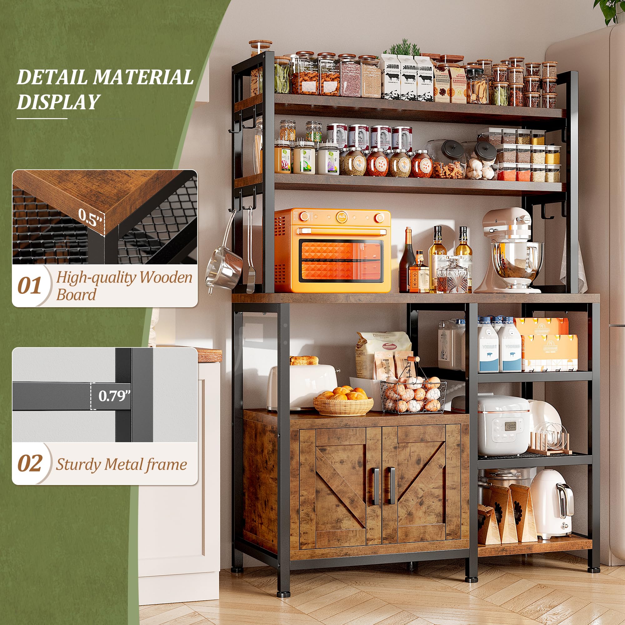 EnHomee Bakers Rack with Storage Cabinet - 6 Tier Kitchen Organizer with 8 Side Hooks, Large Capacity Microwave Stand for Coffee Bar & Kitchen Storage - Perfect for Small Spaces, Apartments & Home Organization
