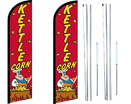 OnPoint Wares 2-Pack Kettle Corn Flags - 3ft x 11.5ft Commercial Outdoor Advertising Feather Flags with Complete Hybrid Pole Set | Perfect for Popcorn Stands, Carnivals, Food Trucks & Outdoor Business Promotions