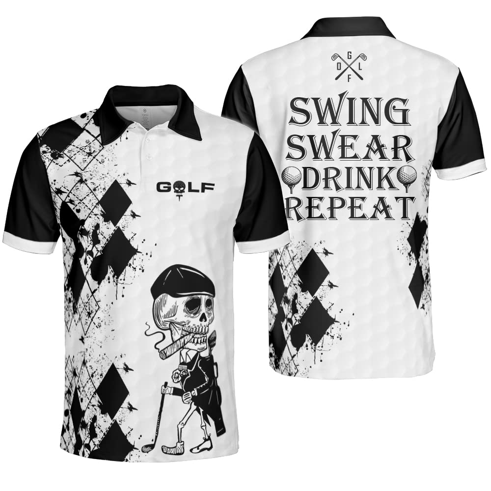 Polomore Men's Skull Print Golf Polo Shirts - Funny Crazy Swing Swear Look for Ball Repeat Design - Perfect for Golf Outings, Casual Wear & Halloween Costumes