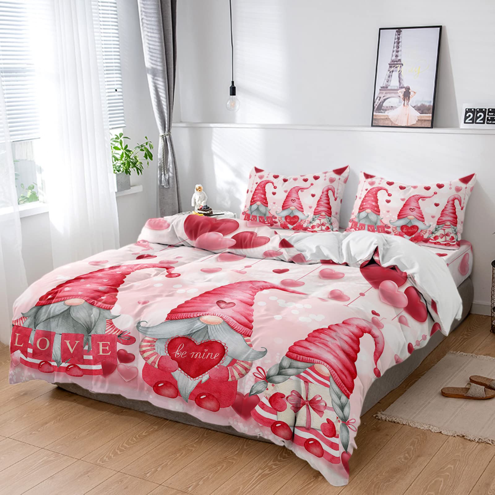Yun Nist Queen 4-Piece Bedding Set - Soft Breathable Duvet Cover & Pillowcases with Valentine's Day Cute Dwarfs Design on Pink Background - Washable Bed Sheets for Bedroom, Dormitory, Guest Room - Perfect for Valentine's Gifts, Couples' Bedroom & Cozy Home Decor