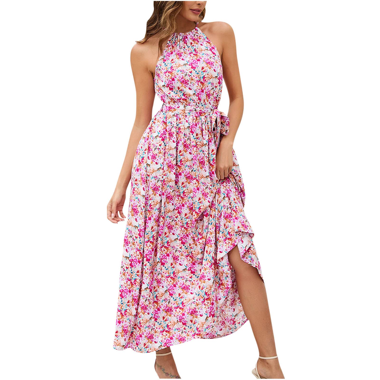Women's Pink Floral Sleeveless Maxi Dress - Halter Neck Pleated Long Dress with Tie Waist & Flowy Hem | Perfect for Beach Vacations, Summer Parties & Casual Outings