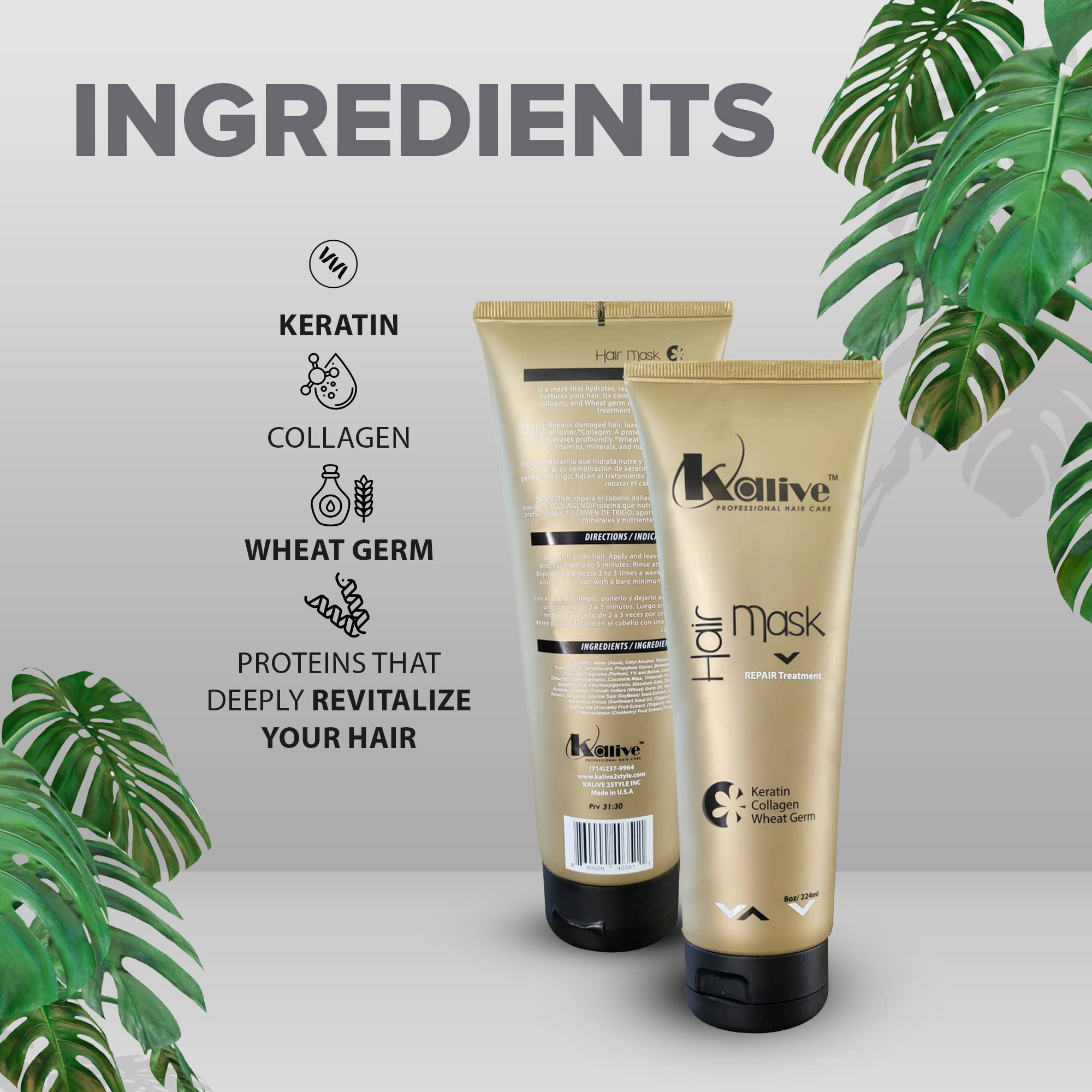 KALIVE Deep Hydrating & Repairing Hair Mask with Keratin, Collagen & Wheat Germ - 8 oz Hair Treatment for Dry, Damaged Hair - Perfect for Salon-Quality At-Home Hair Care & Post-Color Treatment