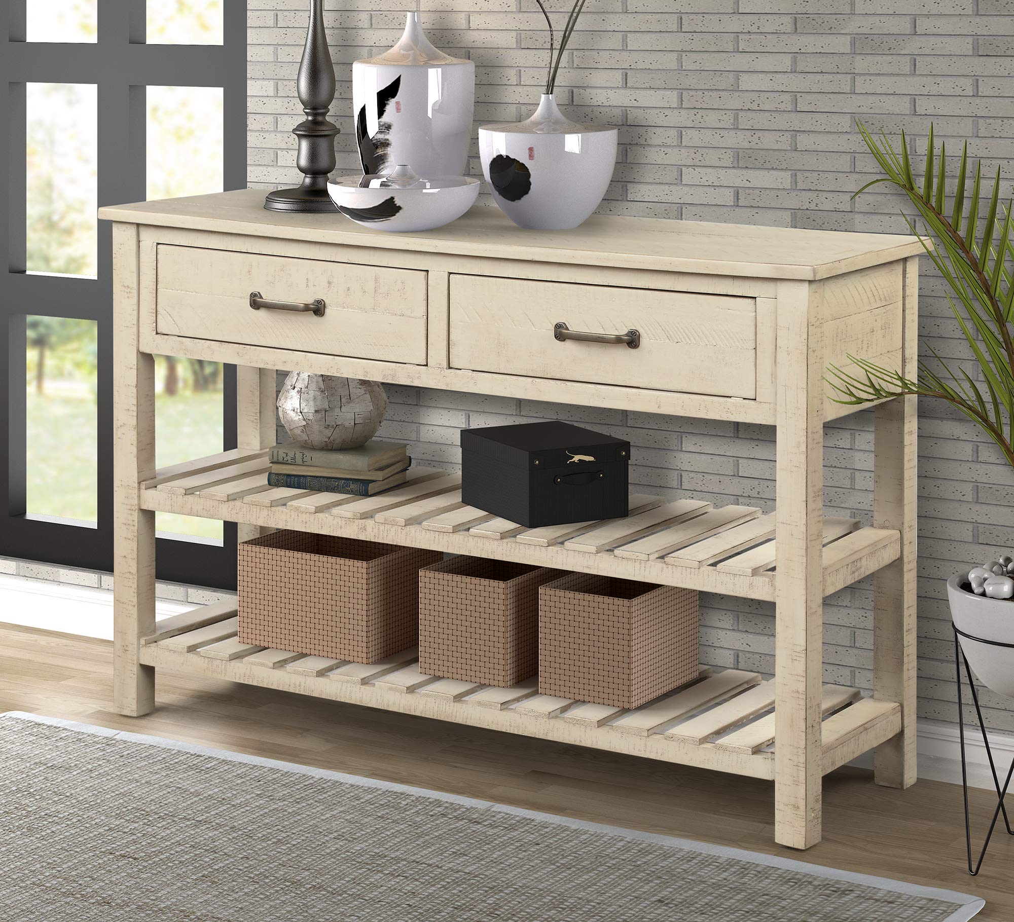 MERITLINE Wooden Entryway Console Table with 2 Drawers & 2-Tier Storage Shelf - Sofa Side Table for Living Room, Bedroom, Hallway & Small Space Organization