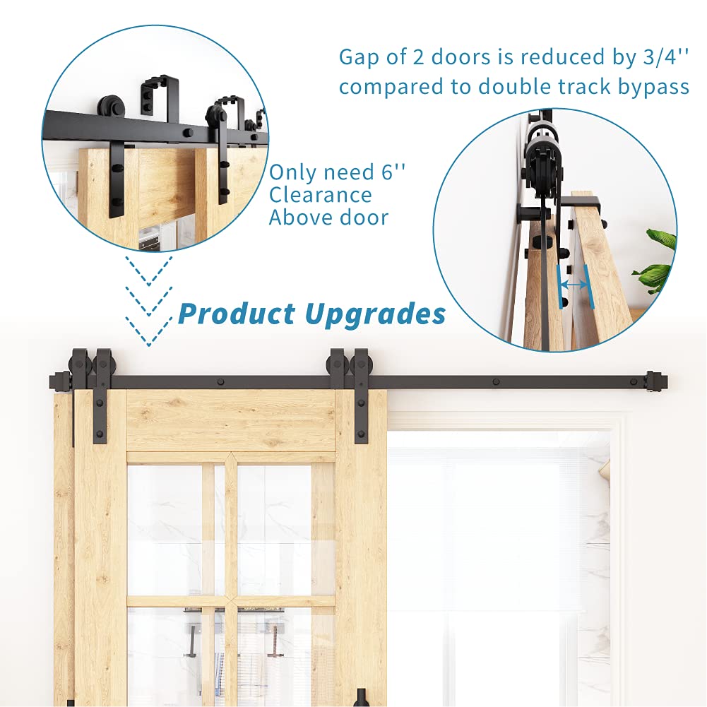 ZEKOO 5.5 FT Single Track Bypass Sliding Barn Door Hardware Kit for Double Doors - Heavy Duty Flat Track Roller System with One-Piece Rail for Low Ceilings | Perfect for Bedrooms, Closets, and Interior Spaces