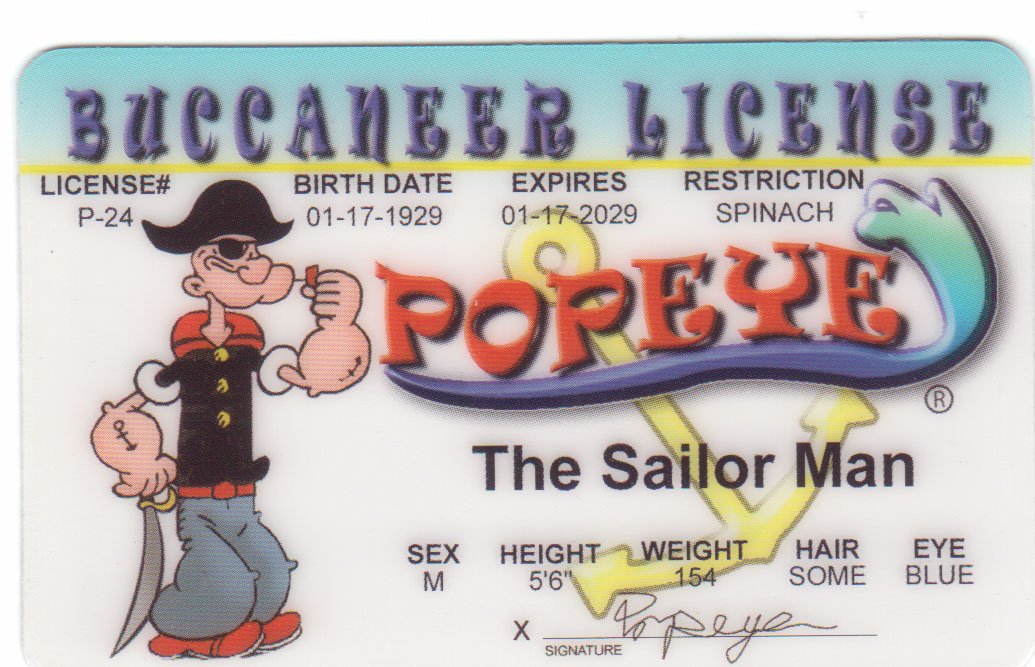 Popeye The Sailor Man Novelty Fake ID - Collectible Buccaneer Driver's License for Popeye Fans | Perfect for Costume Parties, Themed Events & Memorabilia Collections