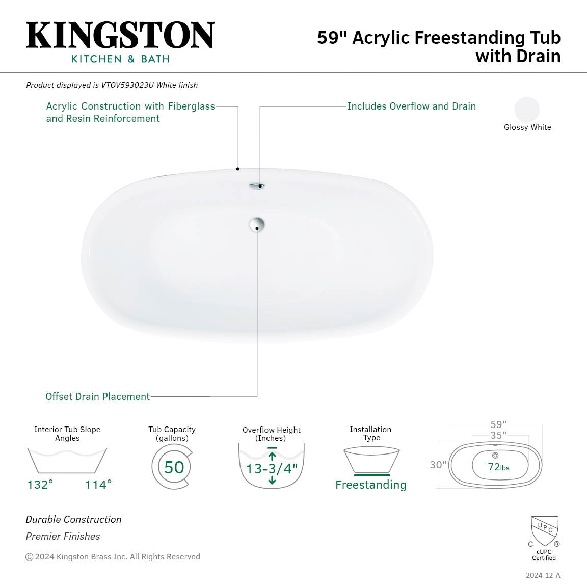 Aqua Eden 59 Inch Acrylic Oval Freestanding Bathtub - Glossy White Double Ended Soaking Tub with Drain | Perfect for Luxury Bathrooms & Spa Retreats