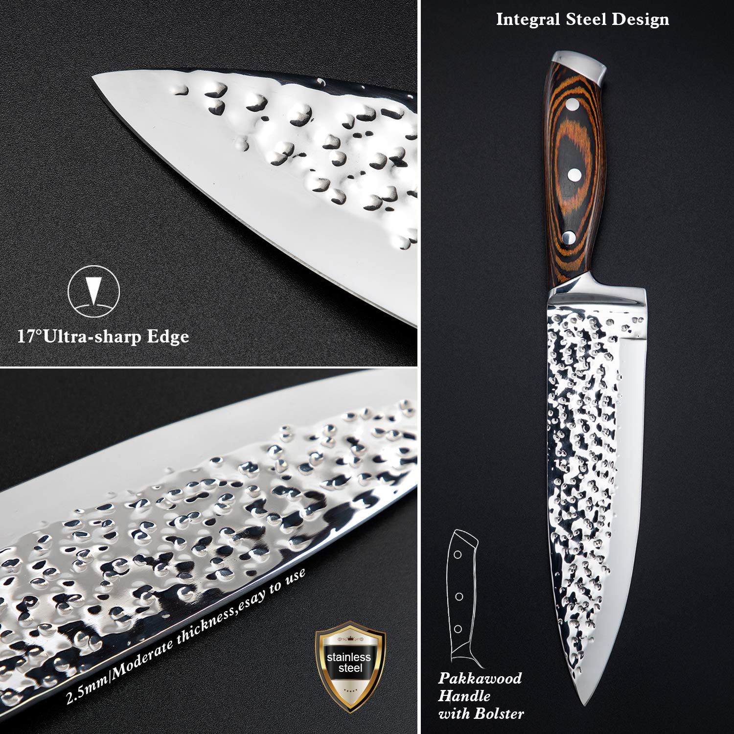 15-Piece Premium Japanese Stainless Steel Kitchen Knife Set with Wooden Block - High Carbon Hammered Chef Knives, Steak Knives & Self-Sharpening System - Perfect for Home Cooking, Professional Chefs & Gourmet Food Preparation