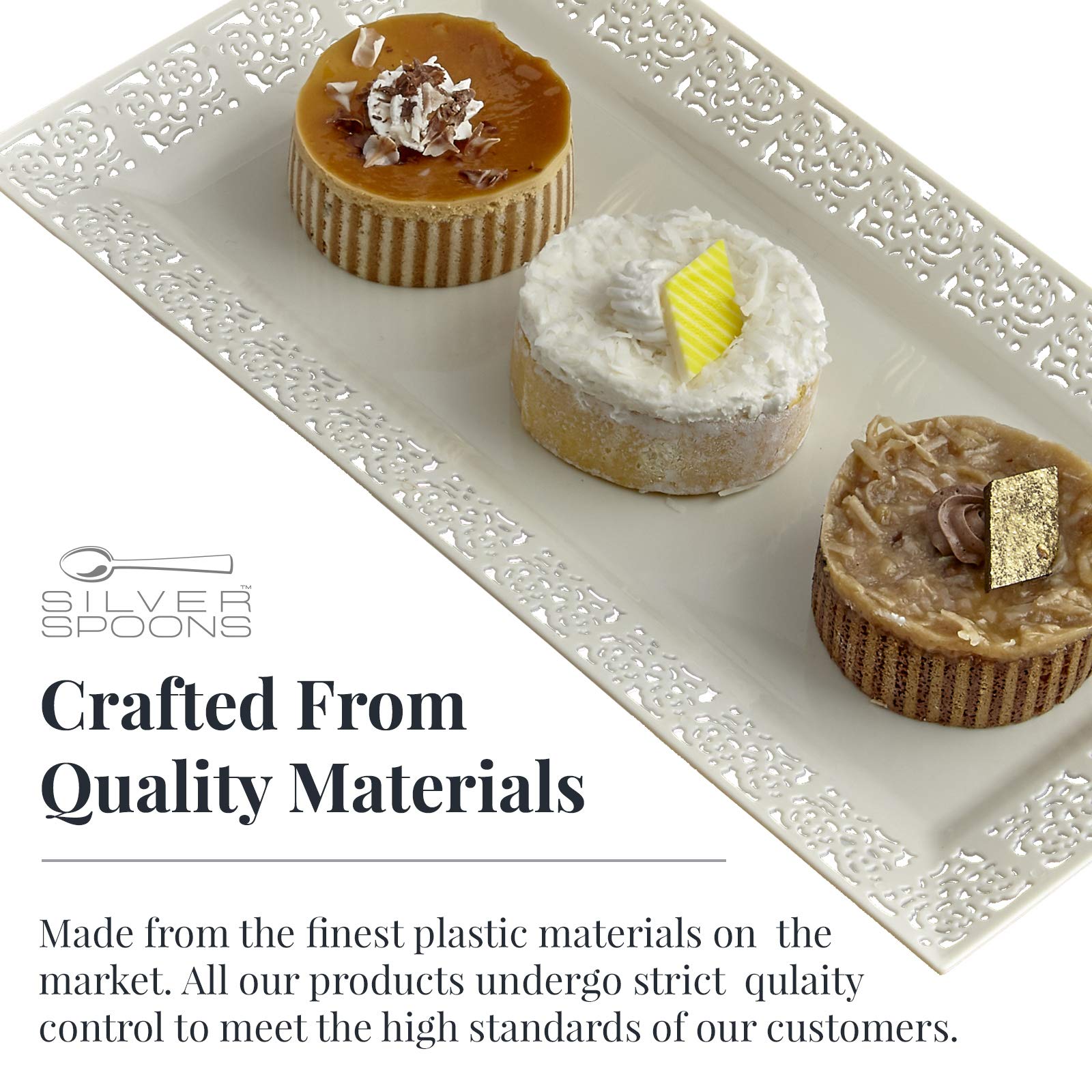 Elegant Lace Plastic Serving Trays Set of 6 - 14” x 7.5” Disposable Party Platters for Snacks, Desserts, Sweets - Ivory - Perfect for Weddings, Baby Showers, Bridal Showers & Birthday Celebrations
