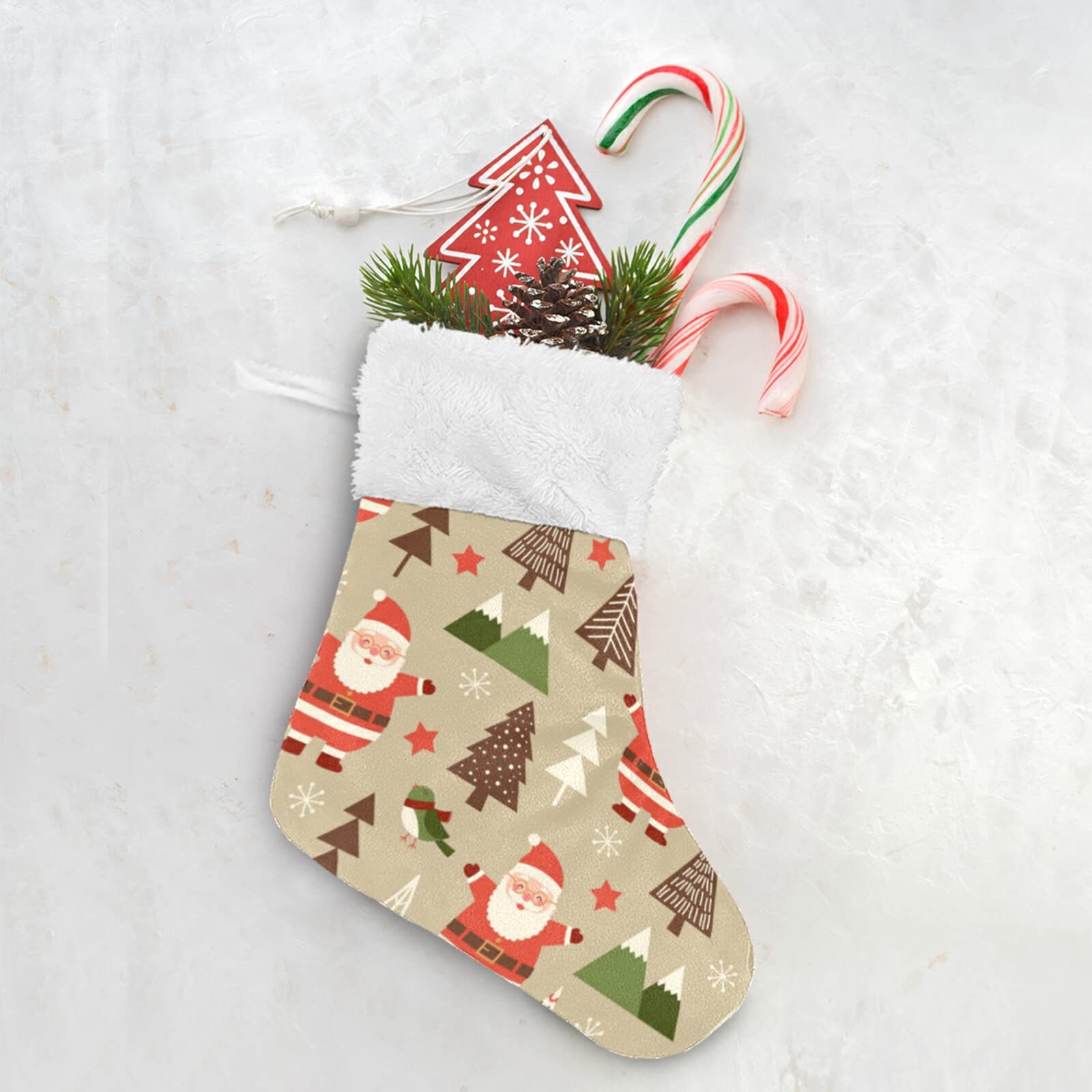 OURVII 4Pcs Vintage Christmas Stockings - Plush Cuff Santa Claus Holiday Socks for Fireplace, Tree & Party Decor (7.8 x 5.5 Inch) - Perfect for Xmas Gifts, Home Decoration & Festive Celebrations