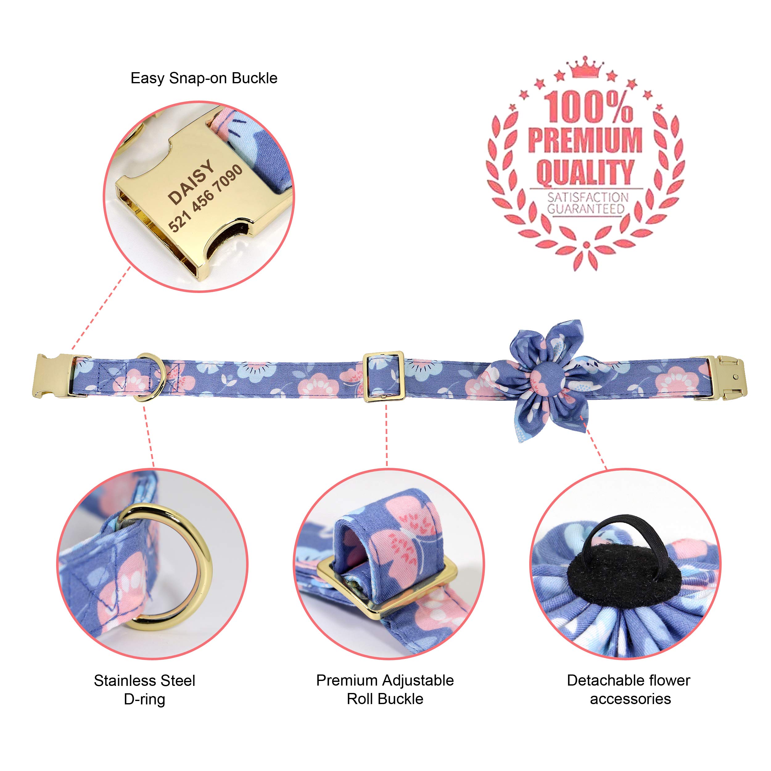 Custom Floral Dog Collar and Leash Set for Small Female Dogs - Personalized Engraved Pet Collar with Gold Buckle (Butterfly Design, Medium Size) - Perfect for Weddings, Parties & Special Occasions
