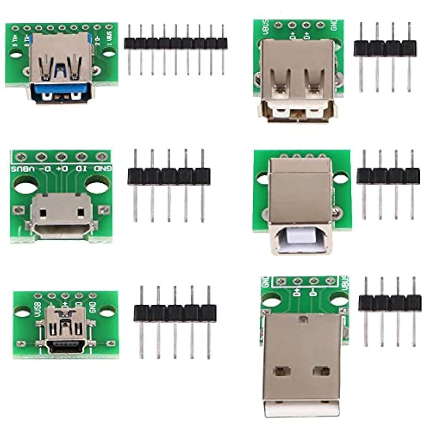 MakerHawk 6pcs USB to DIP Adapter Converter Kit - Mini USB Female, Micro USB Female, 2.54mm 4pin USB Male, USB 2.0/3.0 Female & Type B Square Interface to DIP PCB Breakout Board Module for DIY Electronics & Prototyping Projects