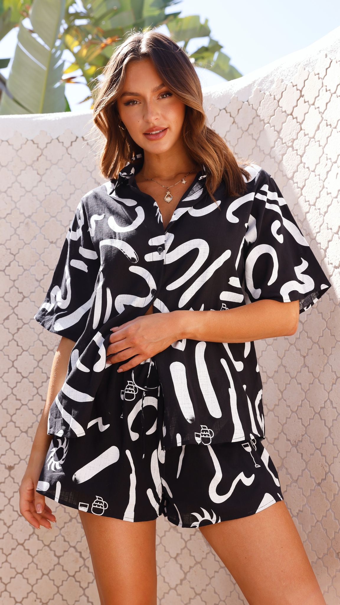 Charli Button Up Shirt and Shorts Set for Women - Black & White 2-Piece Outfit | Casual Summer Wear, Beach Cover Up, Vacation Outfit