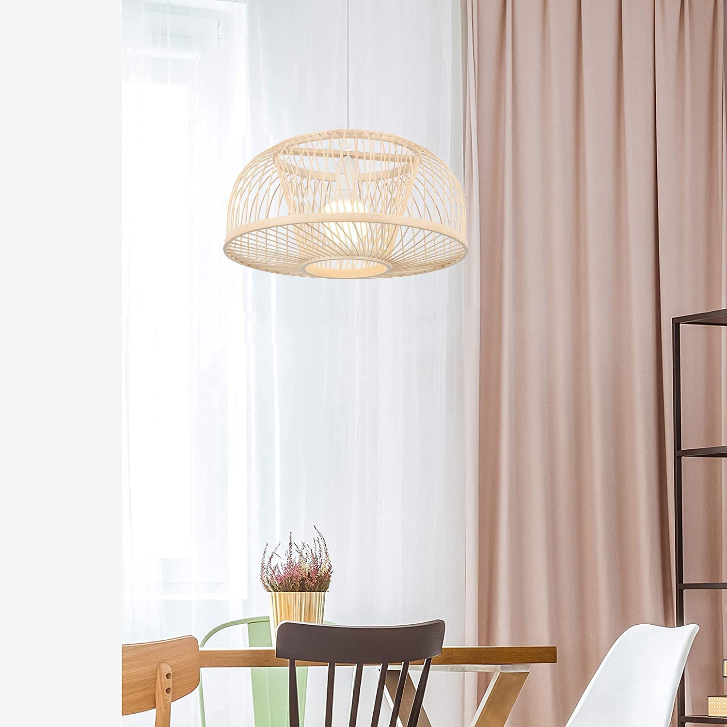 KWOKING Industrial Bamboo Pendant Light - Natural Woven Dome Chandelier with Beige Finish, 1-Light Farmhouse Hanging Fixture for Kitchen, Dining Room, and Rustic Home Decor
