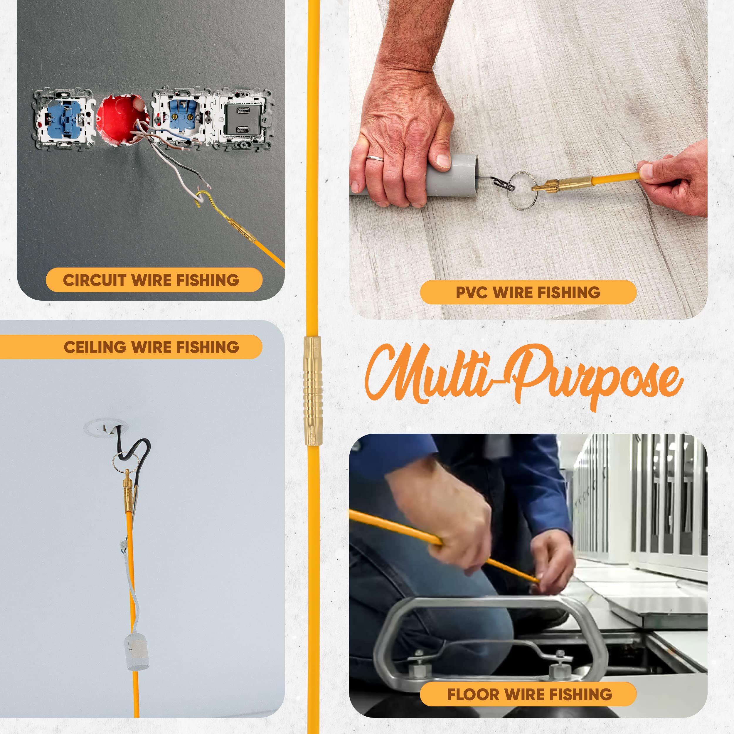 33' Fiberglass Fish Tape Wire Puller - Flexible Electrical Wire Pulling Tool for Fishing Cables Through Walls, Conduits & Tight Spaces - Ideal for Electricians, DIY Home Installations & Professional Wiring Projects