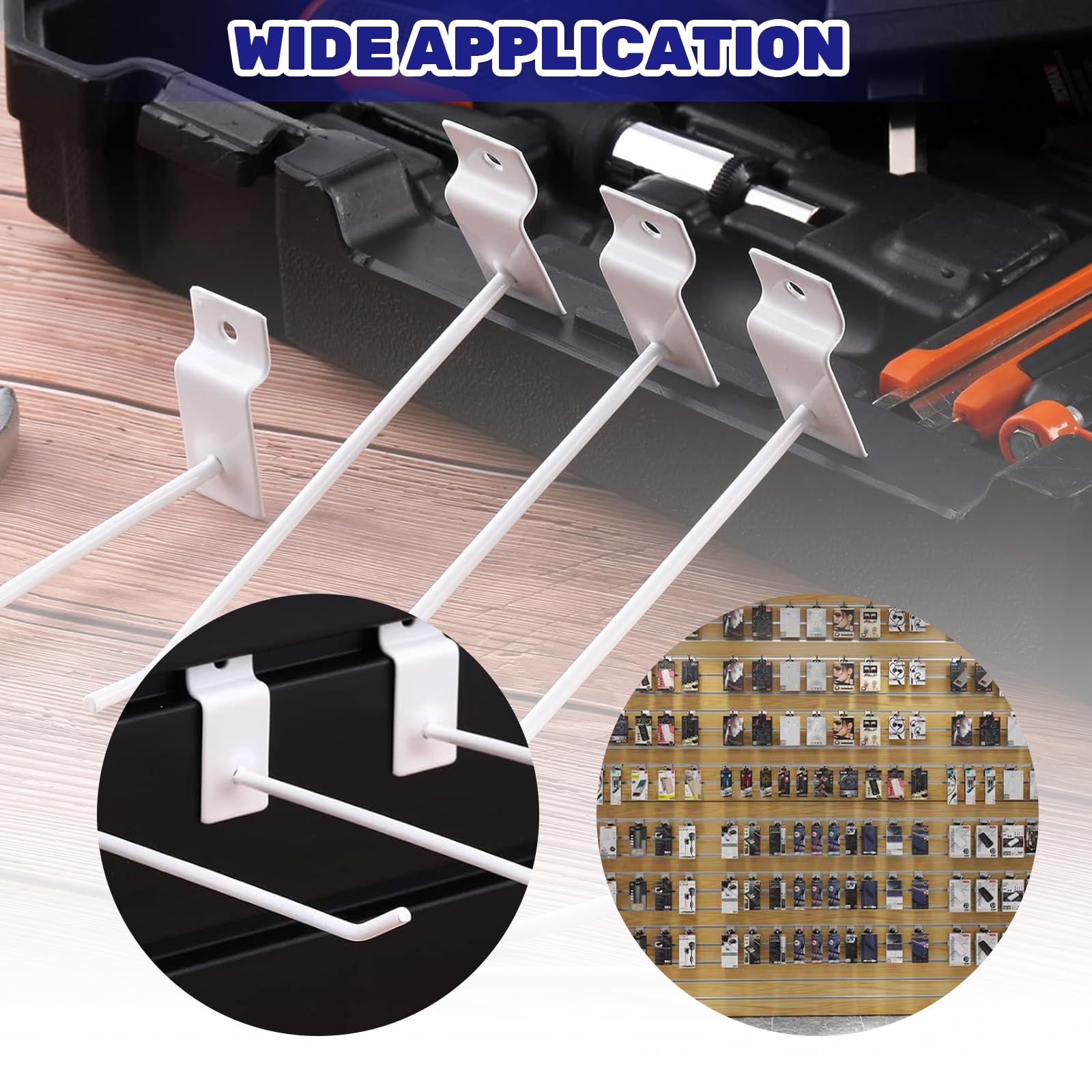 50Pcs 4 Inch White Slatwall Panel Hooks Bulk Set - Heavy Duty Metal Slat Wall Hanging Display Hangers - Pegboard Organizer for Gridwall, Garage, Shop & Retail Stores - Perfect for Organizing Tools, Accessories and Merchandise Display