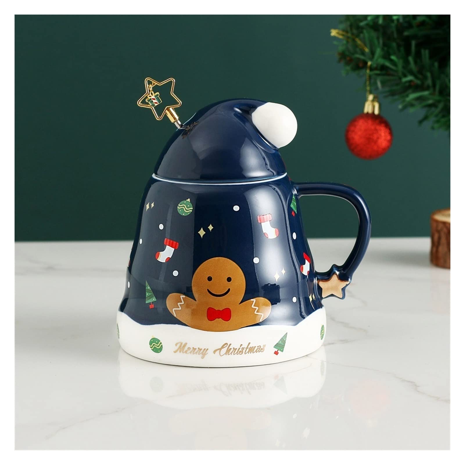 KUYWLMKMZZ Ceramic Travel Mug with Lid - 3D Christmas Tree Spoon - Insulated Coffee Cup for Hot Cocoa, Tea & Milk - Reusable Thermal Tumbler for Office, Commute & Holiday Gifts