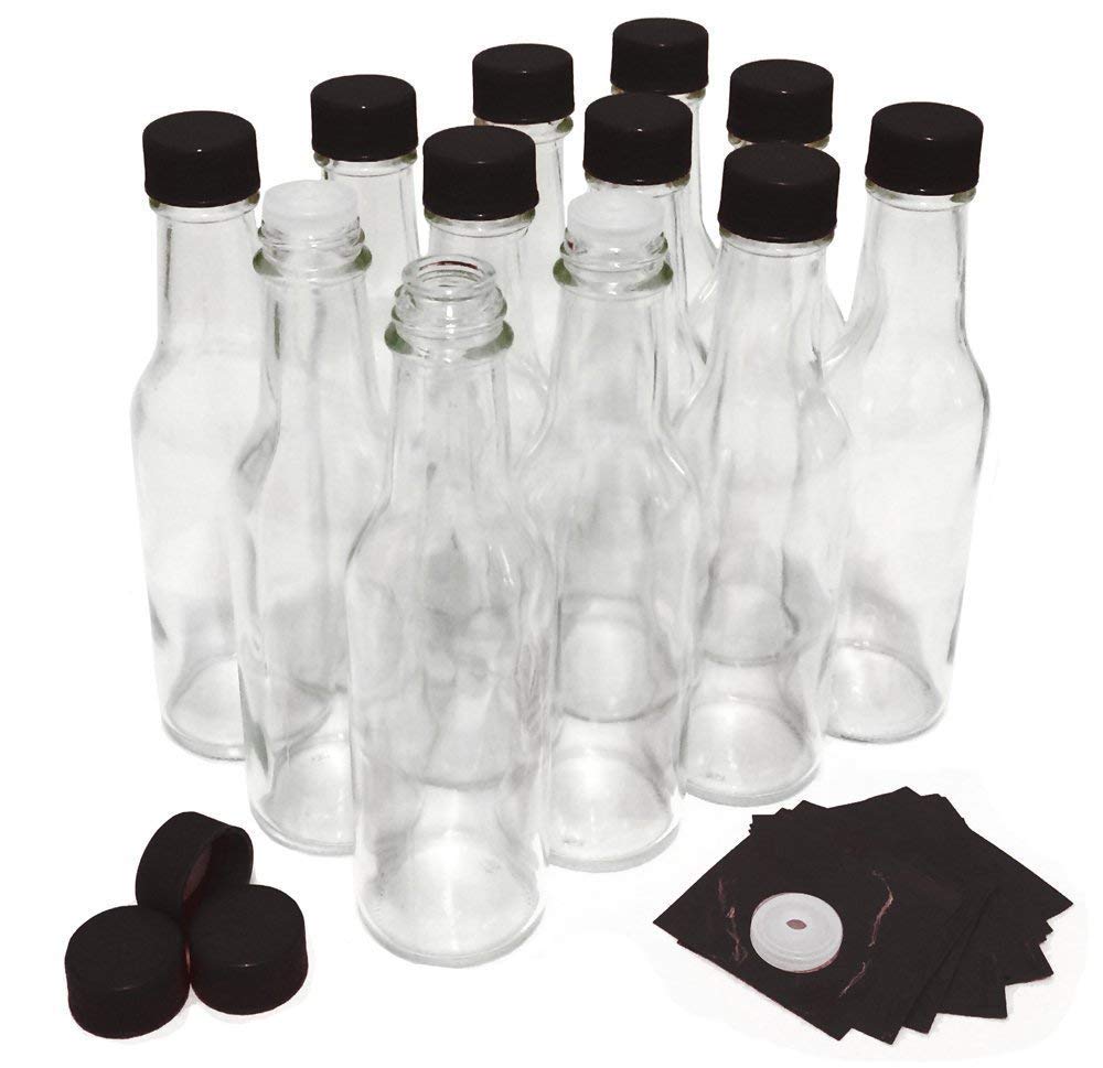 Hot Sauce Bottles with Black Caps & Shrink Bands - 5 Oz Glass Bottles (Pack of 12) - Perfect for Homemade Hot Sauce, BBQ Sauces, and Craft Beverages