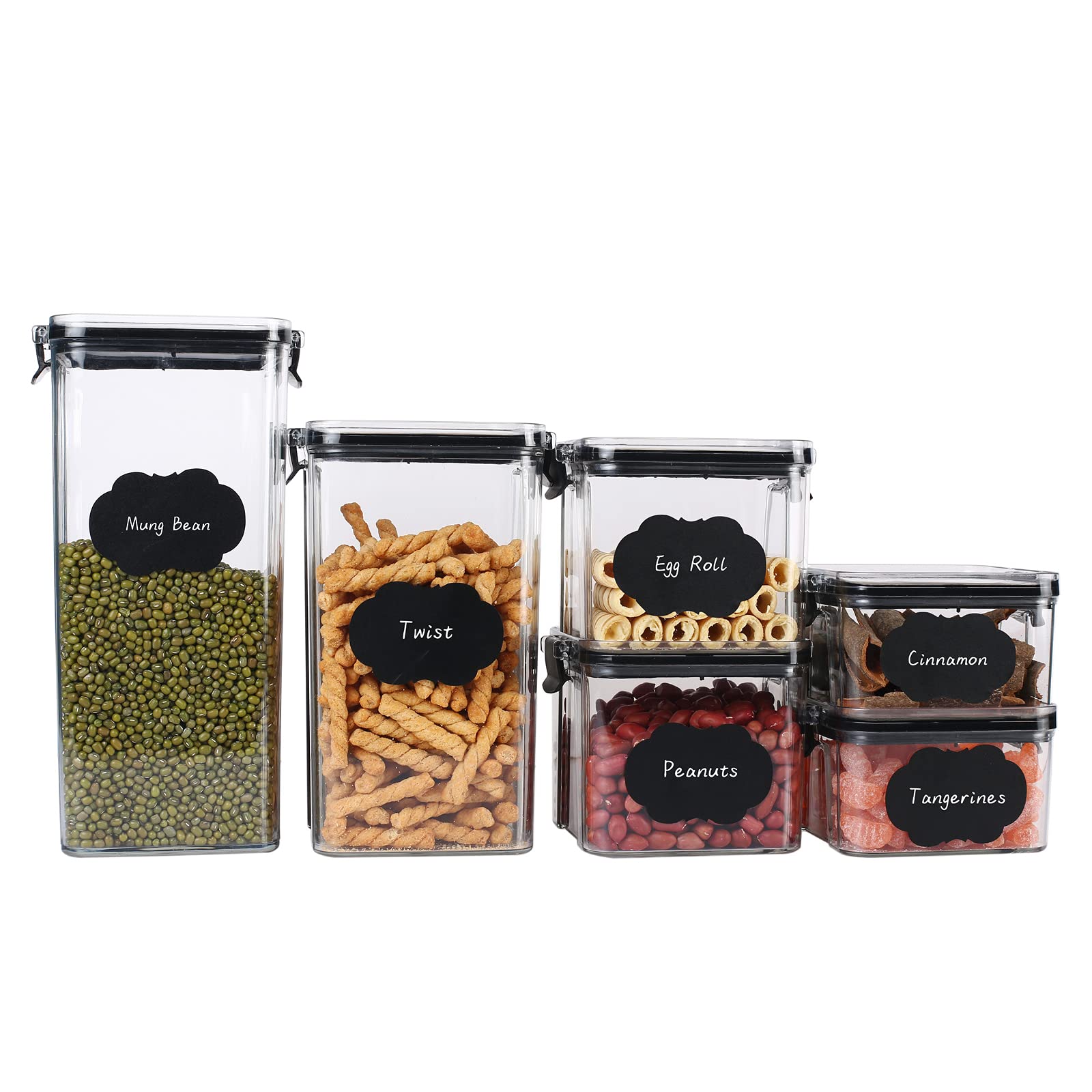 6-Piece Airtight Food Storage Containers Set with Lids - BPA-Free Plastic Kitchen Canisters for Pantry Organization | Dishwasher Safe | Includes 8 Labels & Marker Pen (Black) - Perfect for Storing Dry Goods, Snacks, Flour, Sugar & Meal Prep