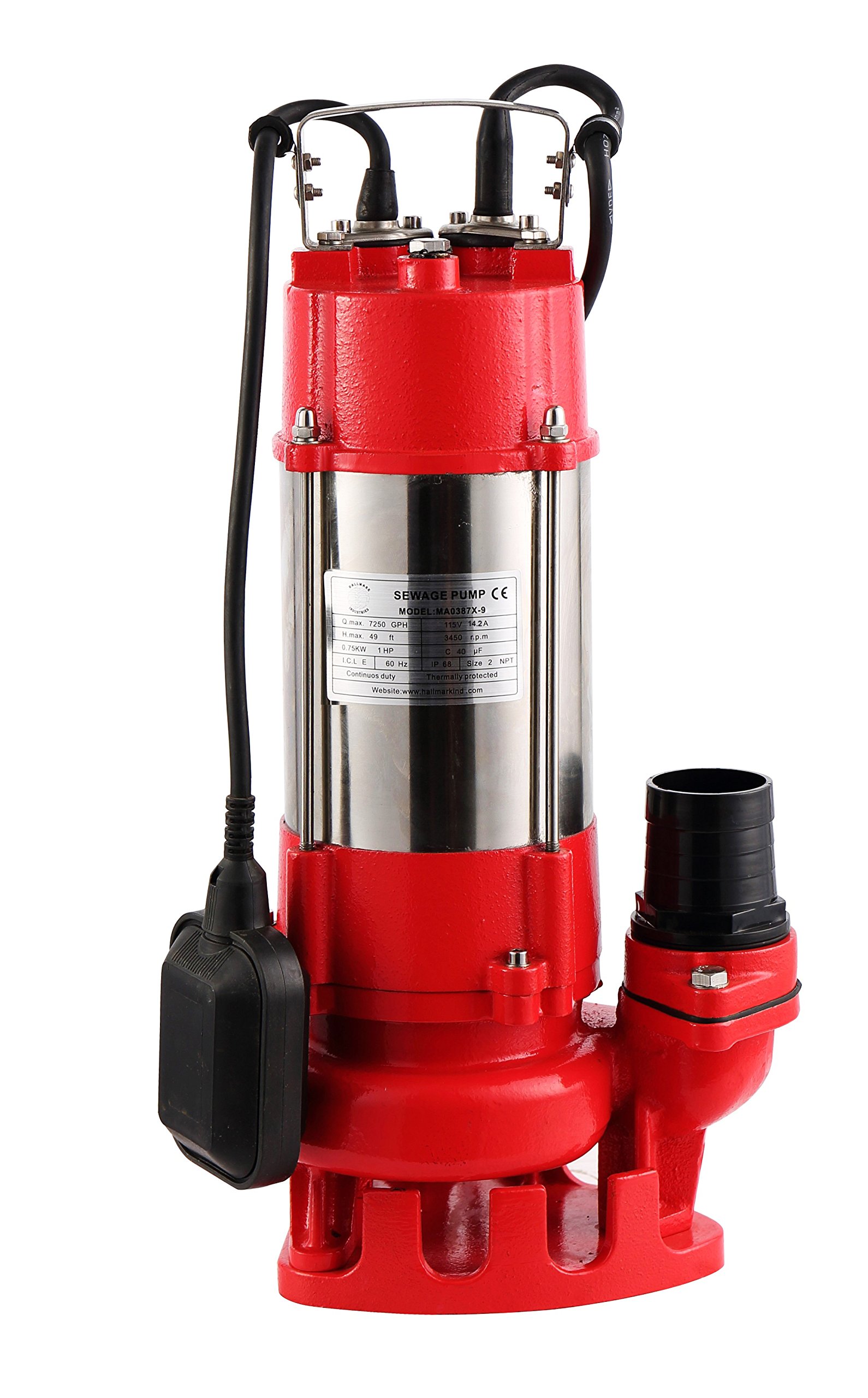 Hallmark Industries MA0387X-8 Heavy Duty Stainless Steel Sewage Pump with Float Switch - 5600 GPM, 3/4 HP, 115V, 38' Lift, 20' Cable - Ideal for Basement Flooding, Septic Systems & Wastewater Removal