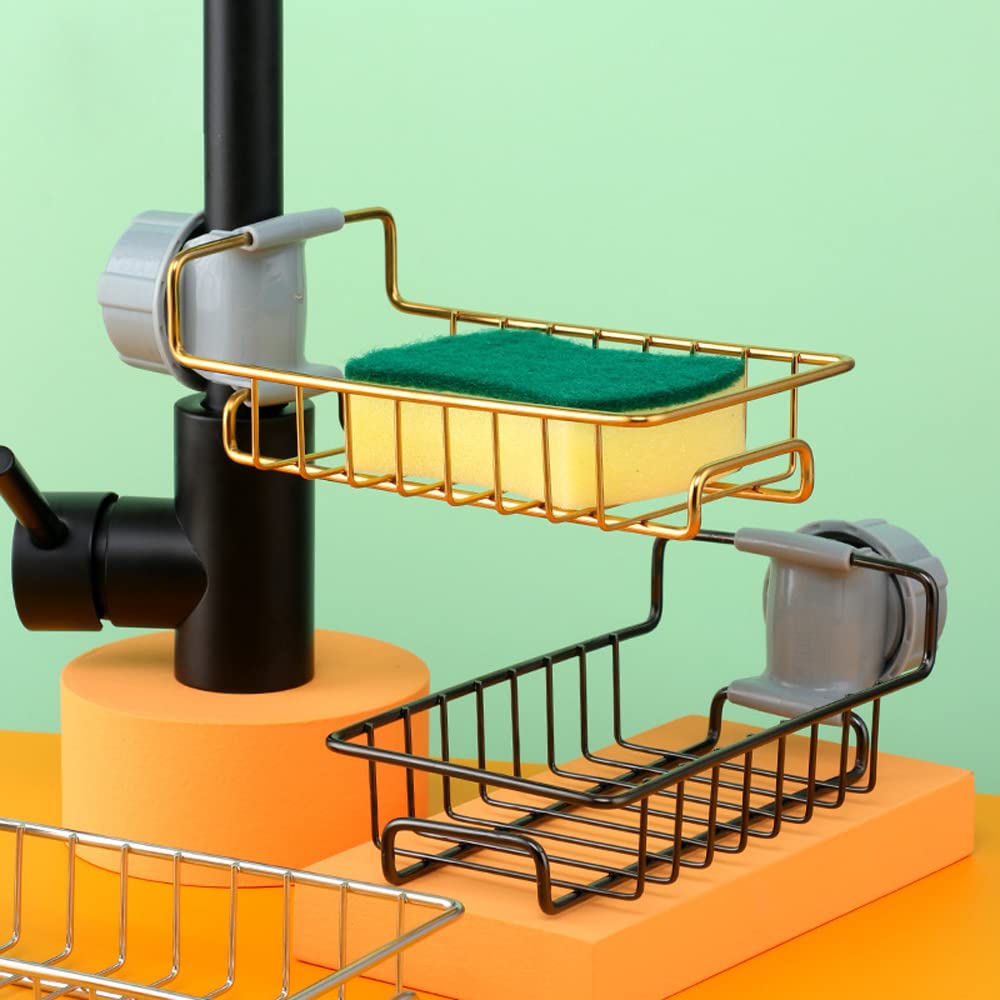 Stainless Steel Faucet Sponge Holder - Over Sink Organizer Rack with Drain Tray - Space Saving Kitchen Sink Caddy for Sponges & Brushes (Blue) - Perfect for Small Kitchens & RVs