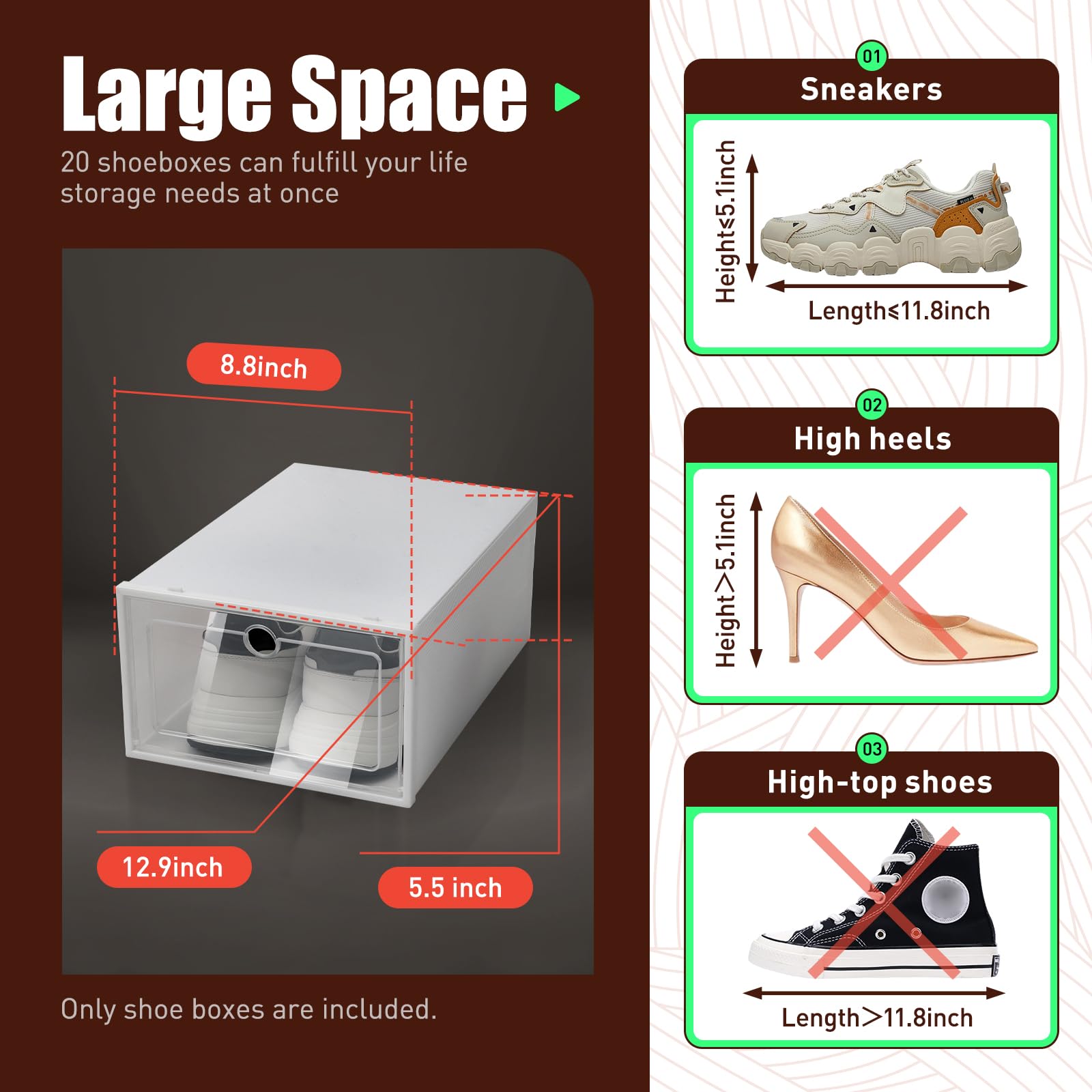 TFCFL 20-Pack Clear Plastic Stackable Shoe Storage Boxes - Organizer Drawers for Closet, Home & Office | Durable & Space-Saving Shoe Rack Solution for Sneakers, Heels & Boots
