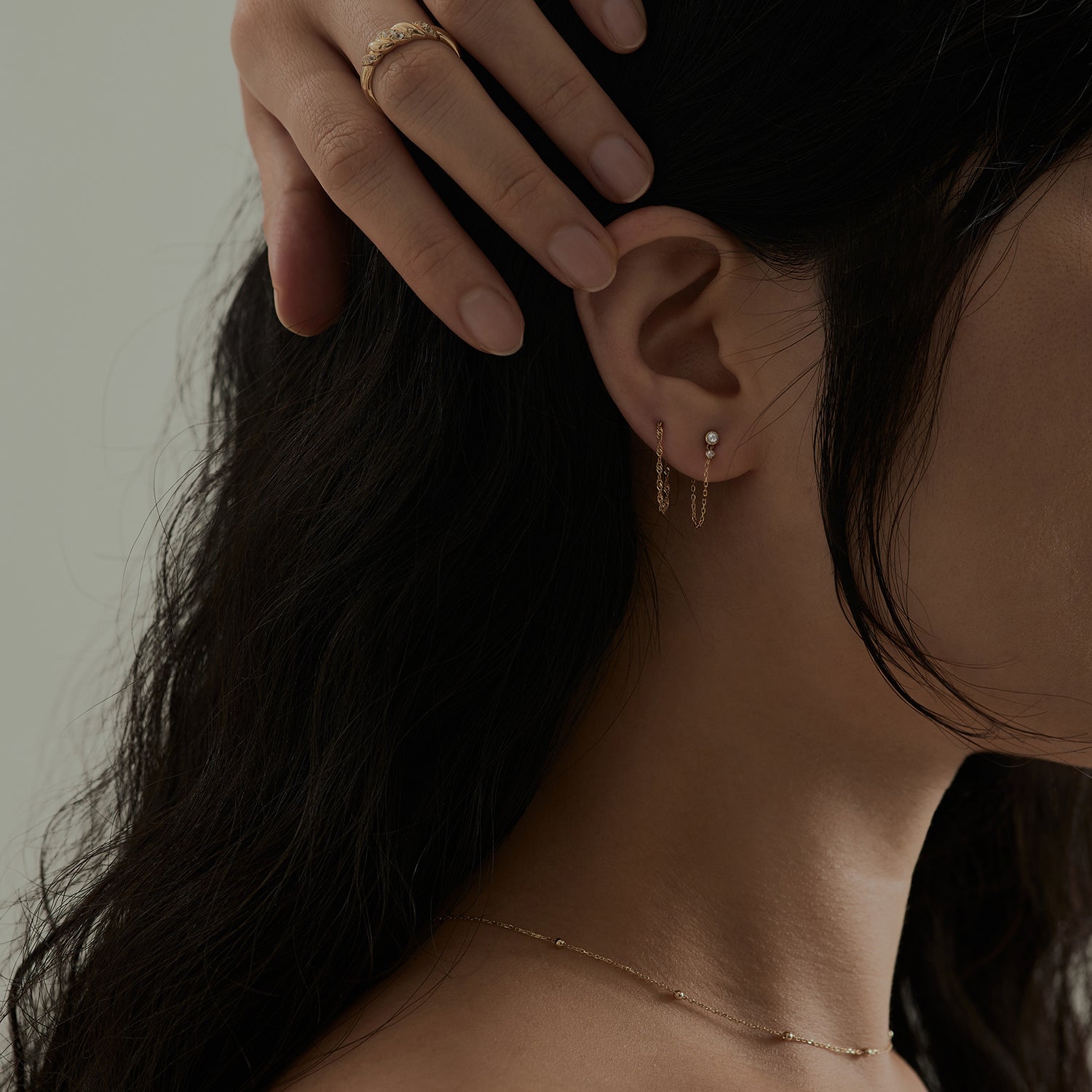 Solid Gold White Topaz Dangle Chain Huggie Earrings - Elegant Everyday Jewelry for Women | Perfect for Parties, Weddings & Special Occasions